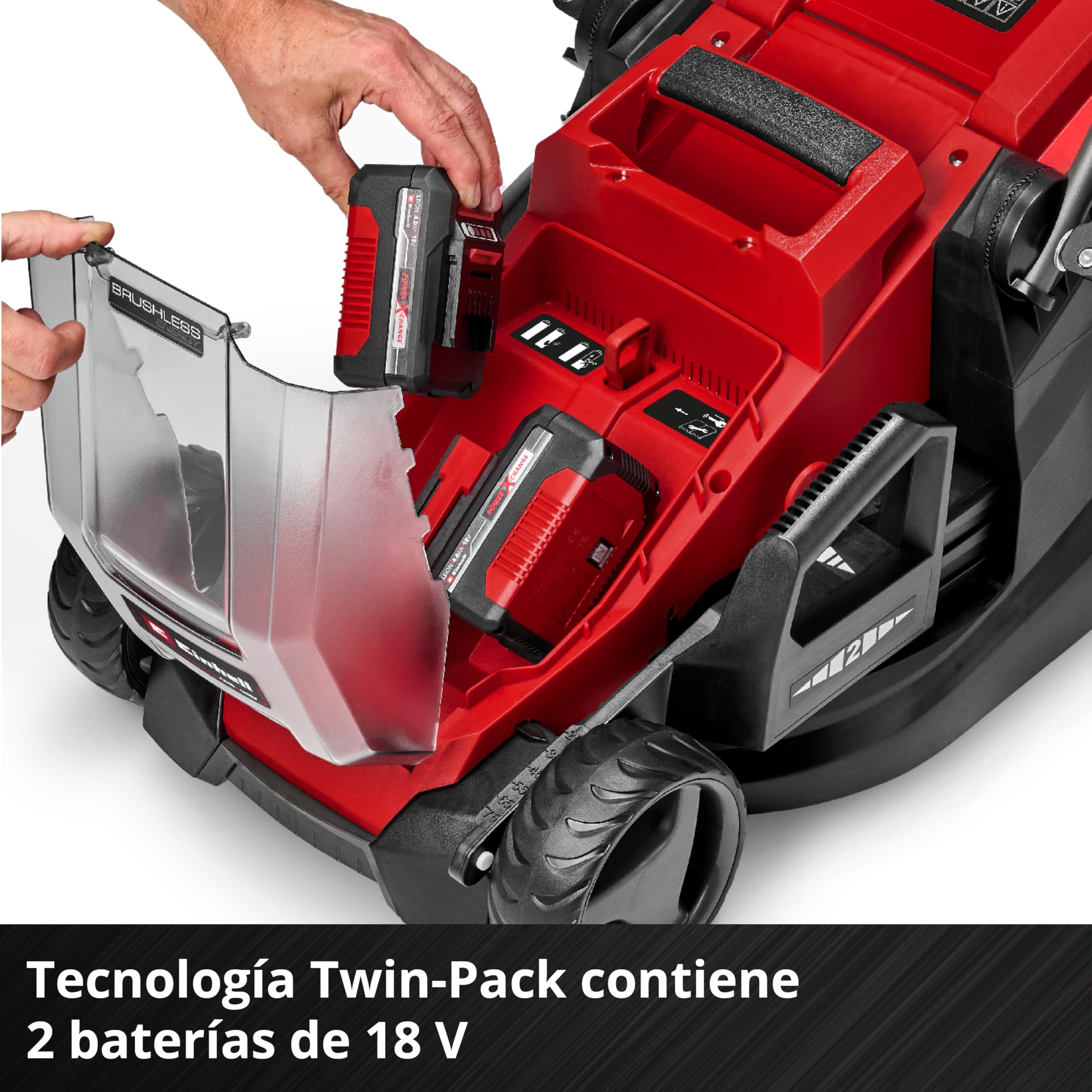 Einhell Cortacésped a batería GE-CM 36/36 Li Kit Power X-Change (36V, 36cm ancho de corte, hasta 400 m², Brushless, 40L bolsa recolectora, 25-75 mm altura de corte, con 2x4,0 Ah batería y 2x cargador)