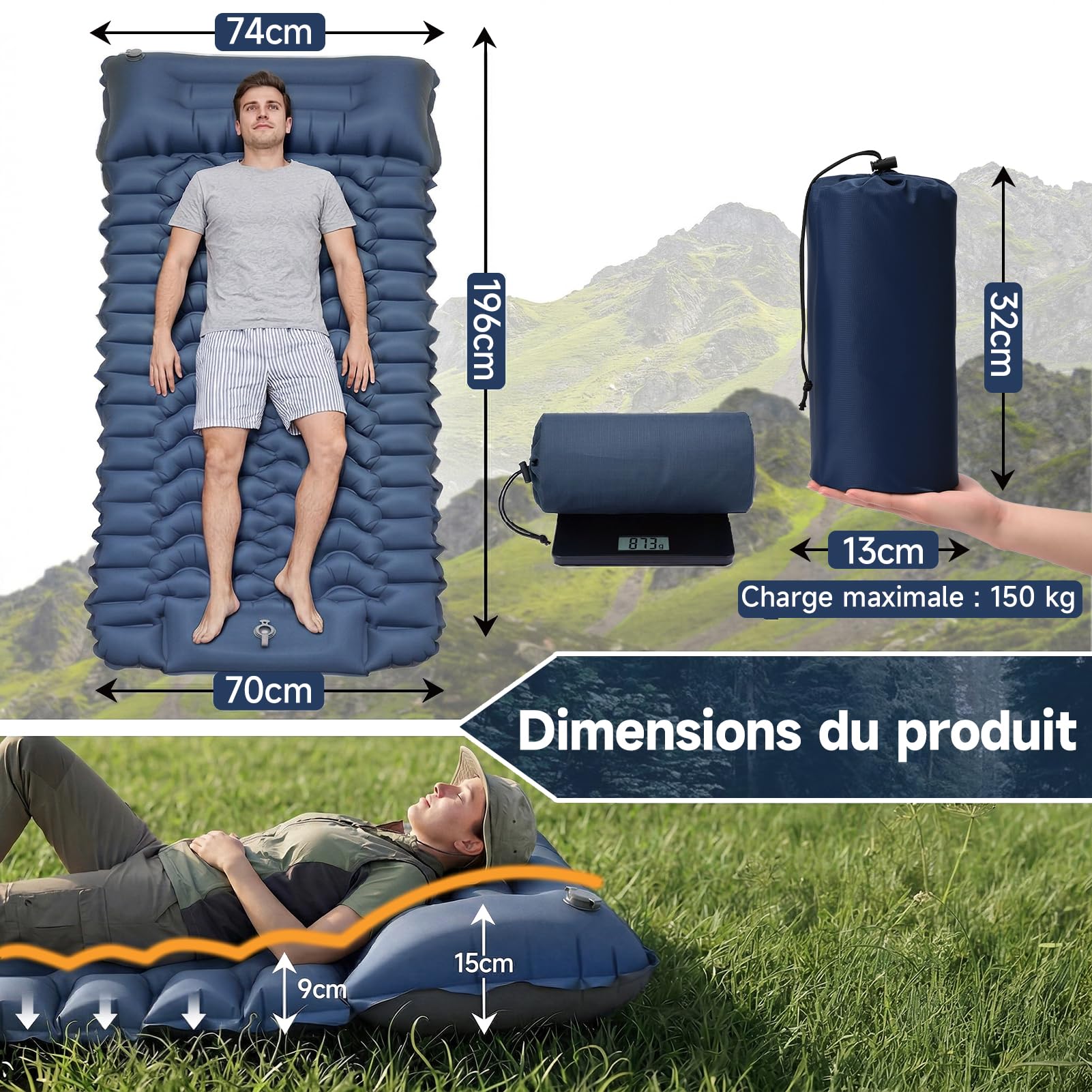 Tapis de Sol Camping 1 Place XL - Matelas Camping Ultra Léger 196x74x9 cm, TPU 40D résistant à l’Eau, Pompe à Pied, Oreiller et Housse intégrés - Idéal randonnée, Tente, Plage, Voyage (Bleu)
