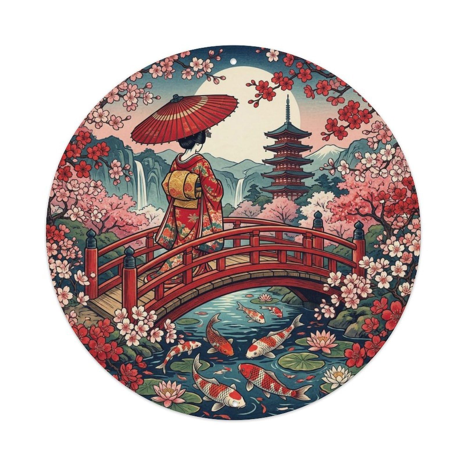 Yrnq 8X8inch Vintage Style Japanese Kimono Lady Red Bridge Cherry Timeless Scene Metal Tin Sign