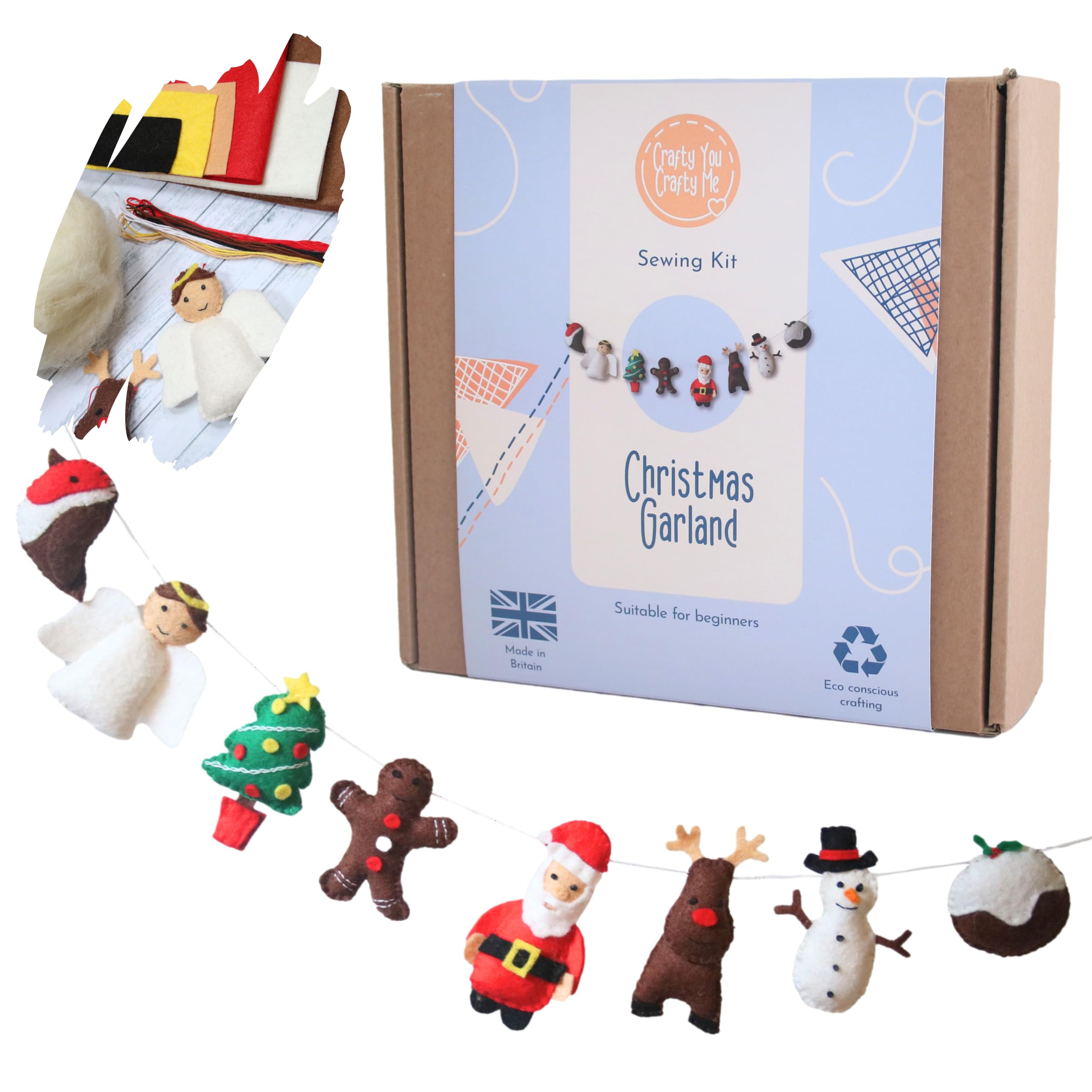 Crafty You Crafty Me - Christmas Decoration Sewing Craft Kit for Adults (Santa Garland), Made in UK, Santa (Mixed), Garland - Santa