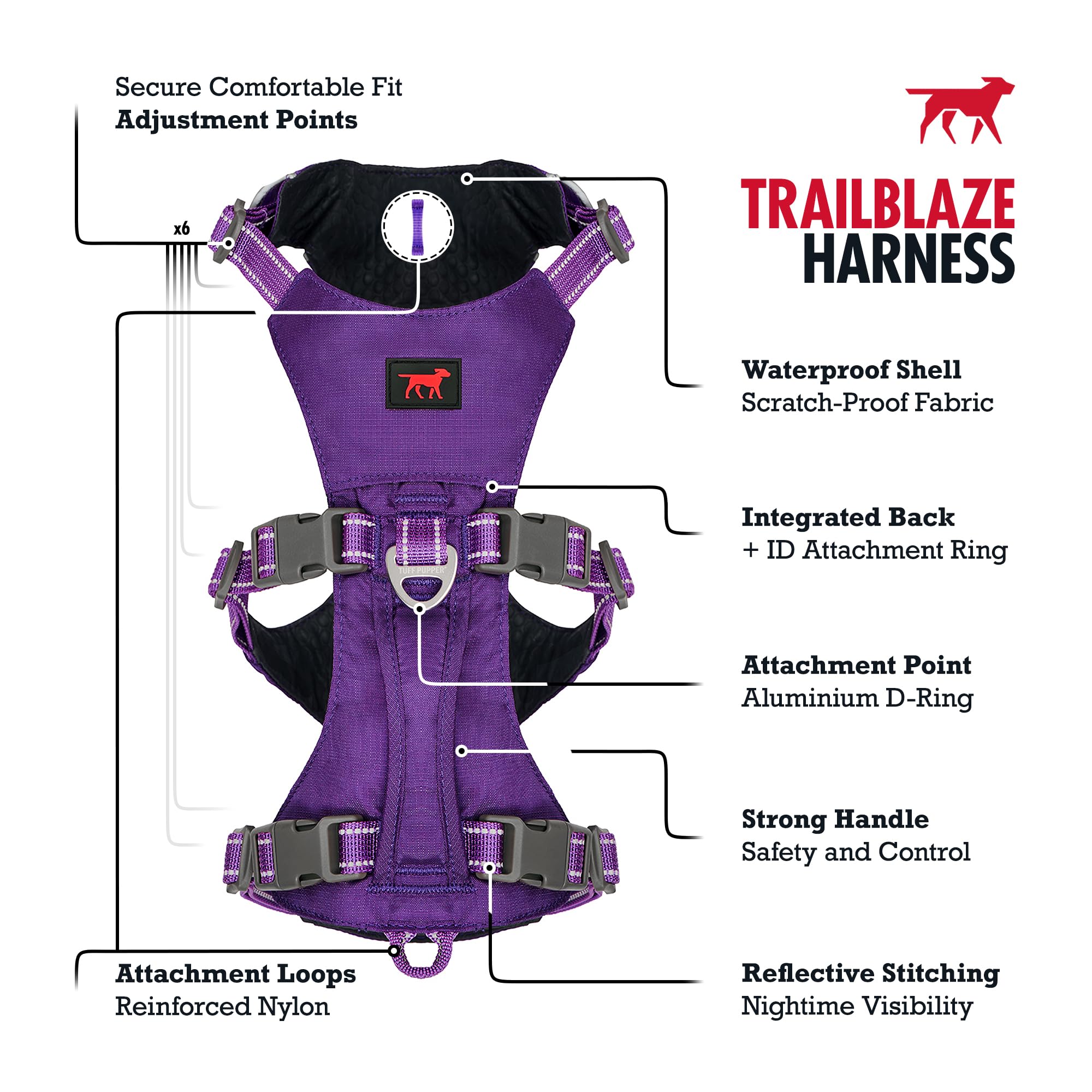 Tuff Pupper TrailBlaze - Arnés para perro, ligero, ajustable, sin tirones, equipo multifuncional para mascotas, resistente, duradero, transpirable, ajuste cómodo y seguro, arnés de seguridad de manejo