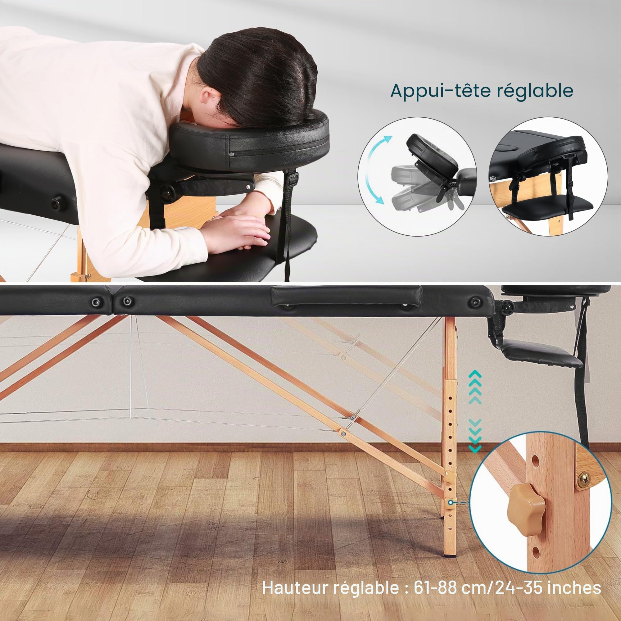 BODIOO Table de massage pliable mobile avec pieds en bois 2 zones réglables en hauteur Lit de massage portable avec appui-tête et accoudoirs Charge maximale 250 kg Noir