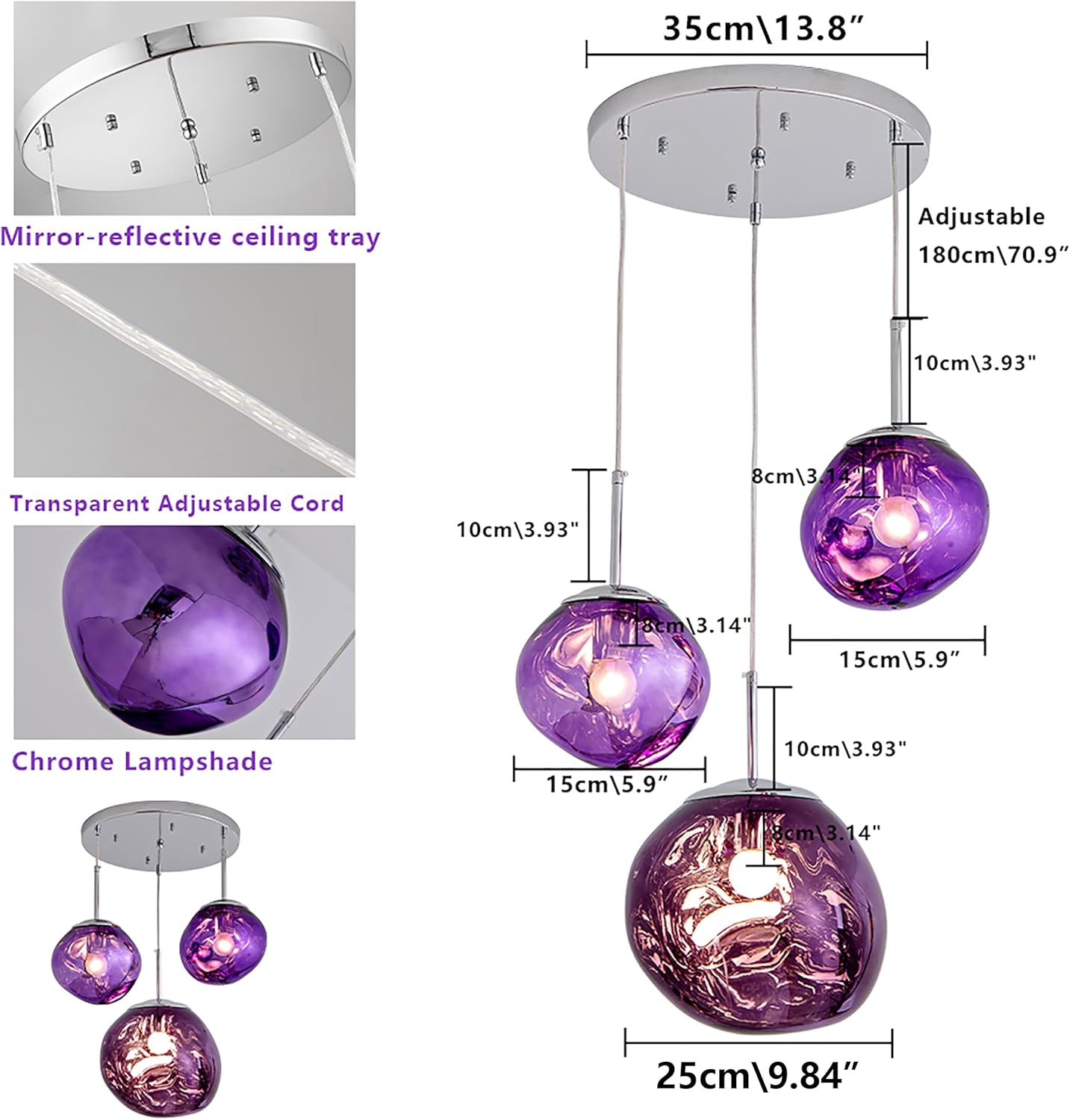 Sedelan 3-Light Purple Modern Pendant Light Fixture - Handmade PE Lava Texture Hanging Light with Adjustable Cord & Mirror Reflective Design for Kitchen Island, Dining Room, Bedroom