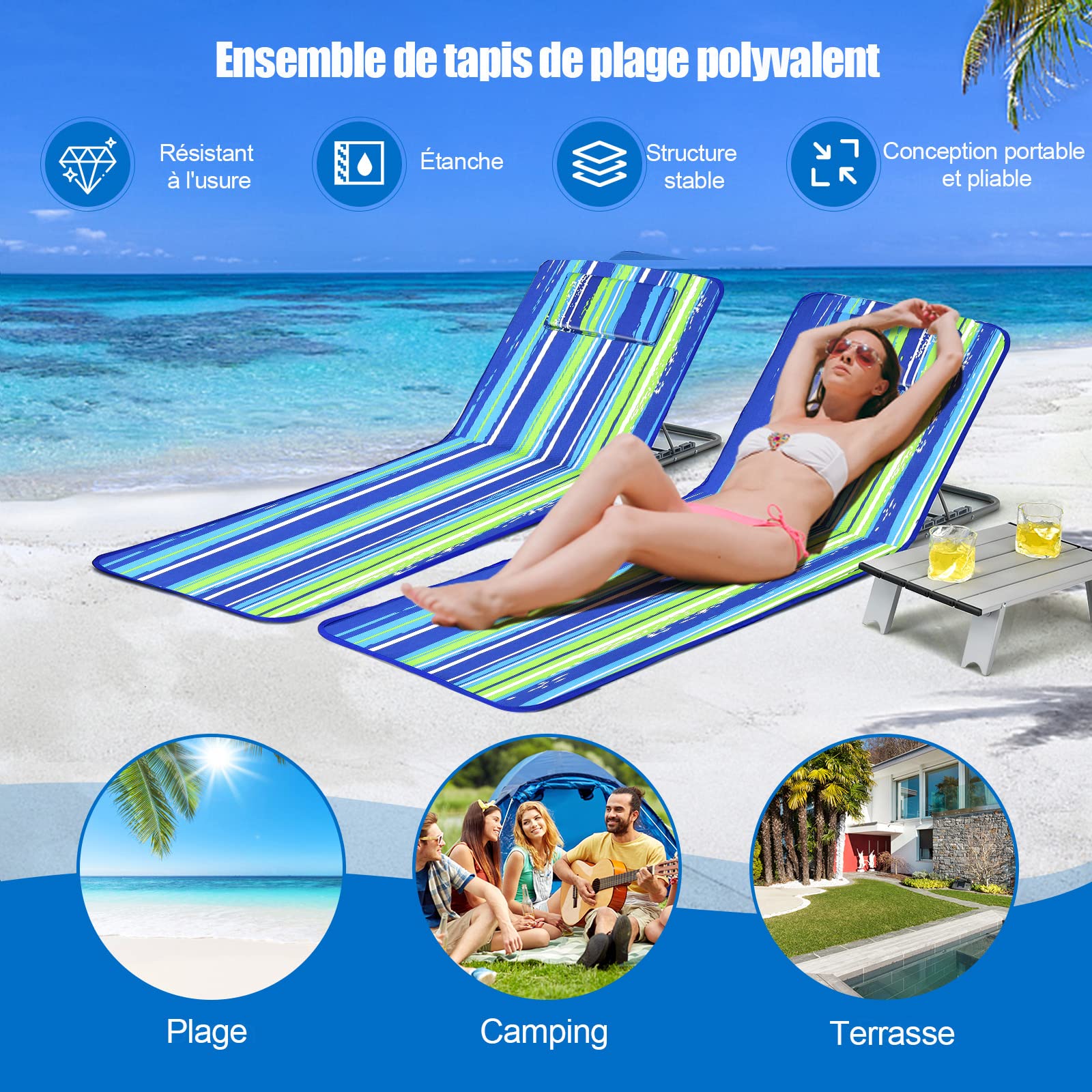 GOPLUS - Colchón de playa ajustable de 5 posiciones con mesa baja, 2 alfombrillas de playa con reposacabezas, mesa auxiliar portátil, diseño plegable, ideal para patio, piscina, terraza (azul verde)