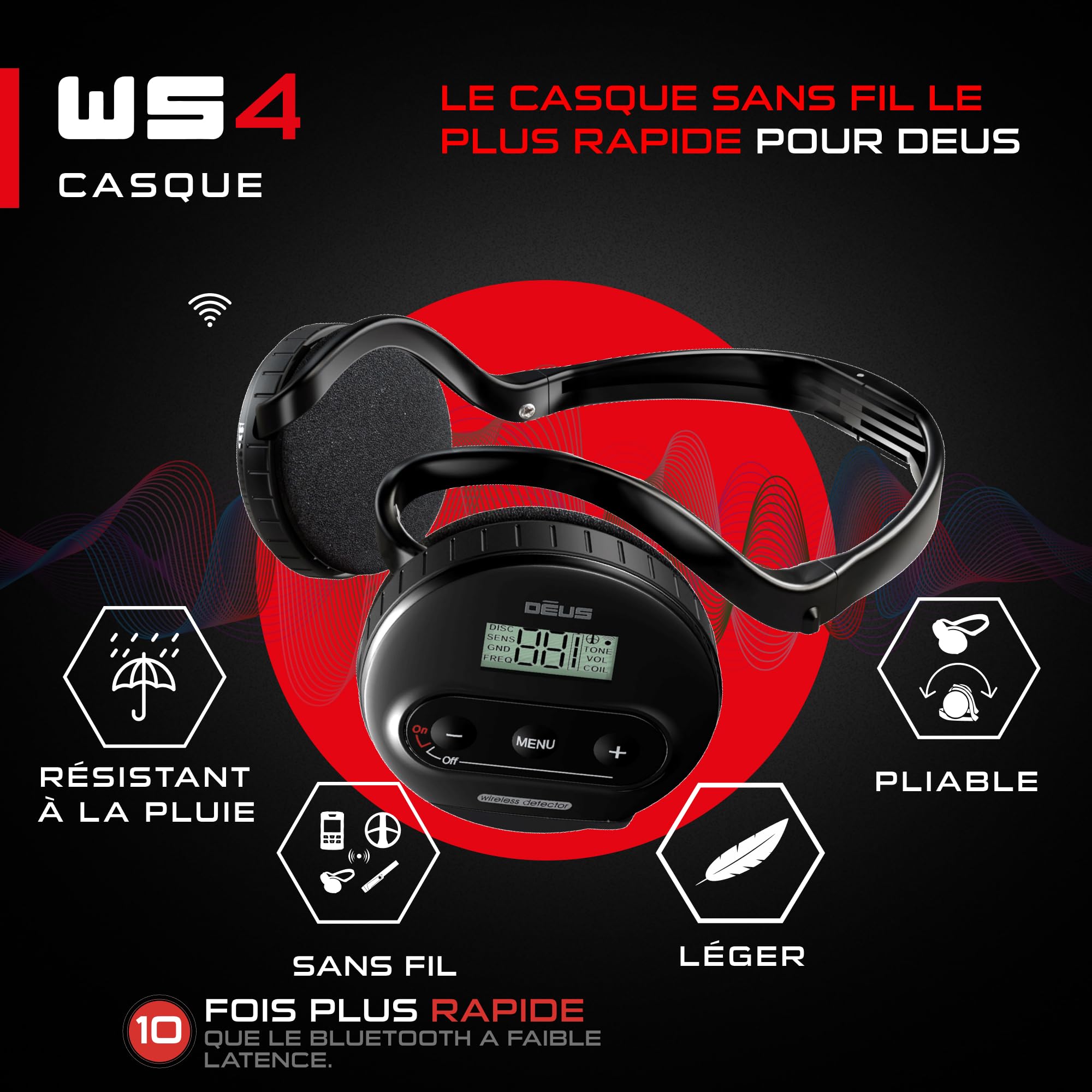 Casque sans-fil XP METAL DETECTORS WS4 pour détecteur de métaux Deus, imperméable, pliable, léger avec module détachable