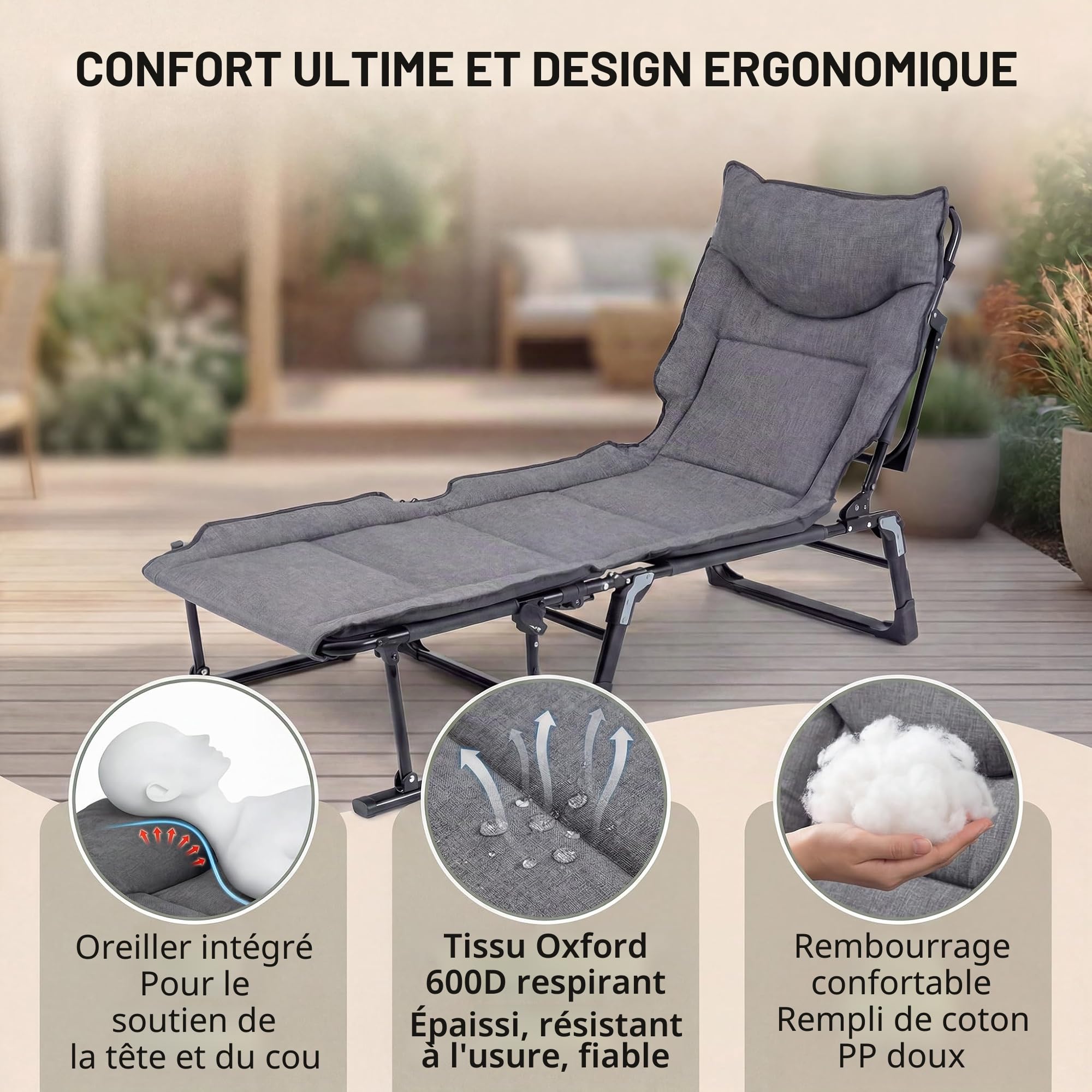 Giantex Lit de Camping Pliable 1 Personne avec Oreiller Intégré, Dossier Réglable 6 Positions et Verrouillage, Structure Tube Carré, Chaise Longue Pliante pour Extérieur et Maison, Charge 200 kg