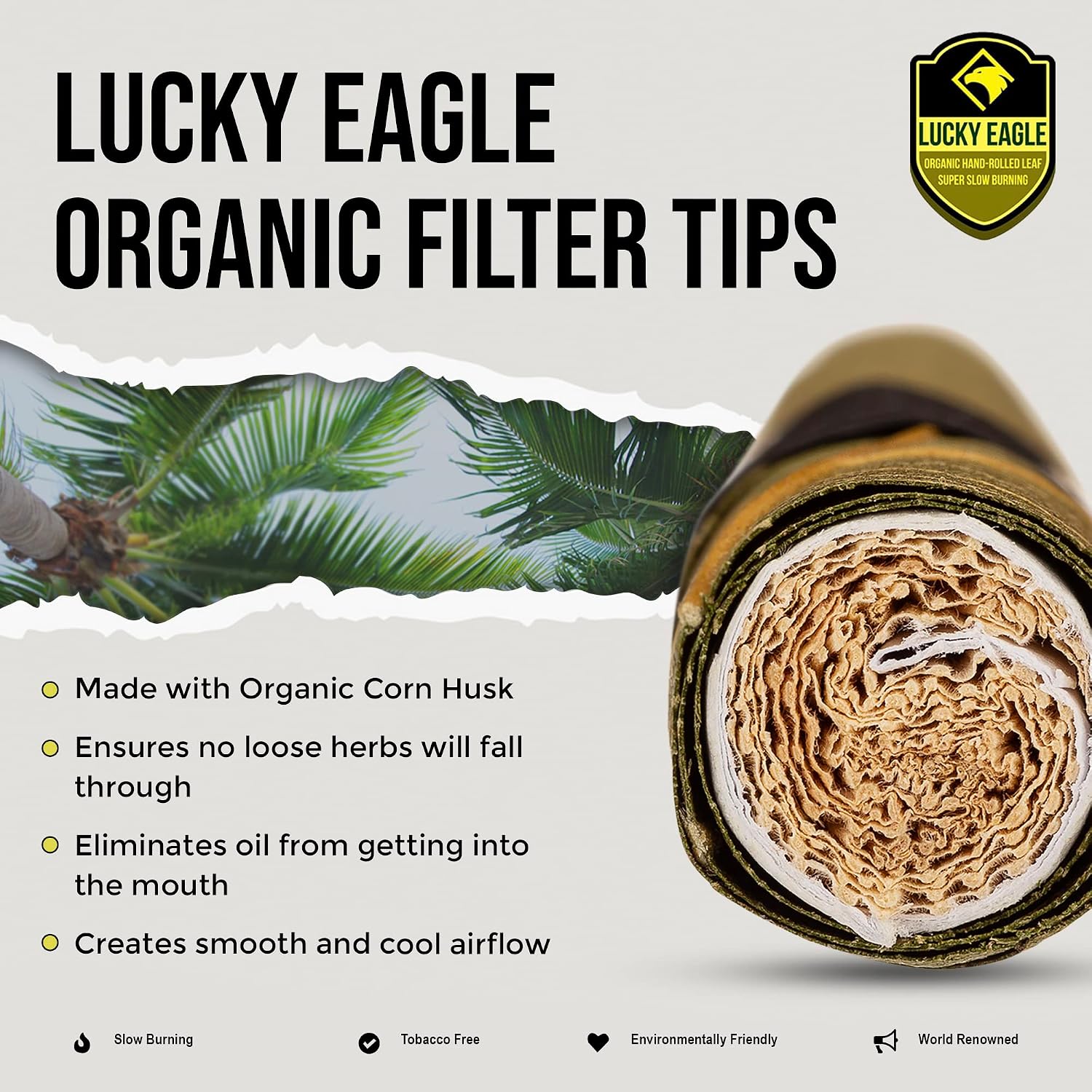 Lucky Eagle Pre Wrapped Rolls - Hand Rolled Palm Leaf Rolls With Corn Husk Filter - Natural, Organic Pre-Wrapped King Size rolls, 25 Rolls (King)