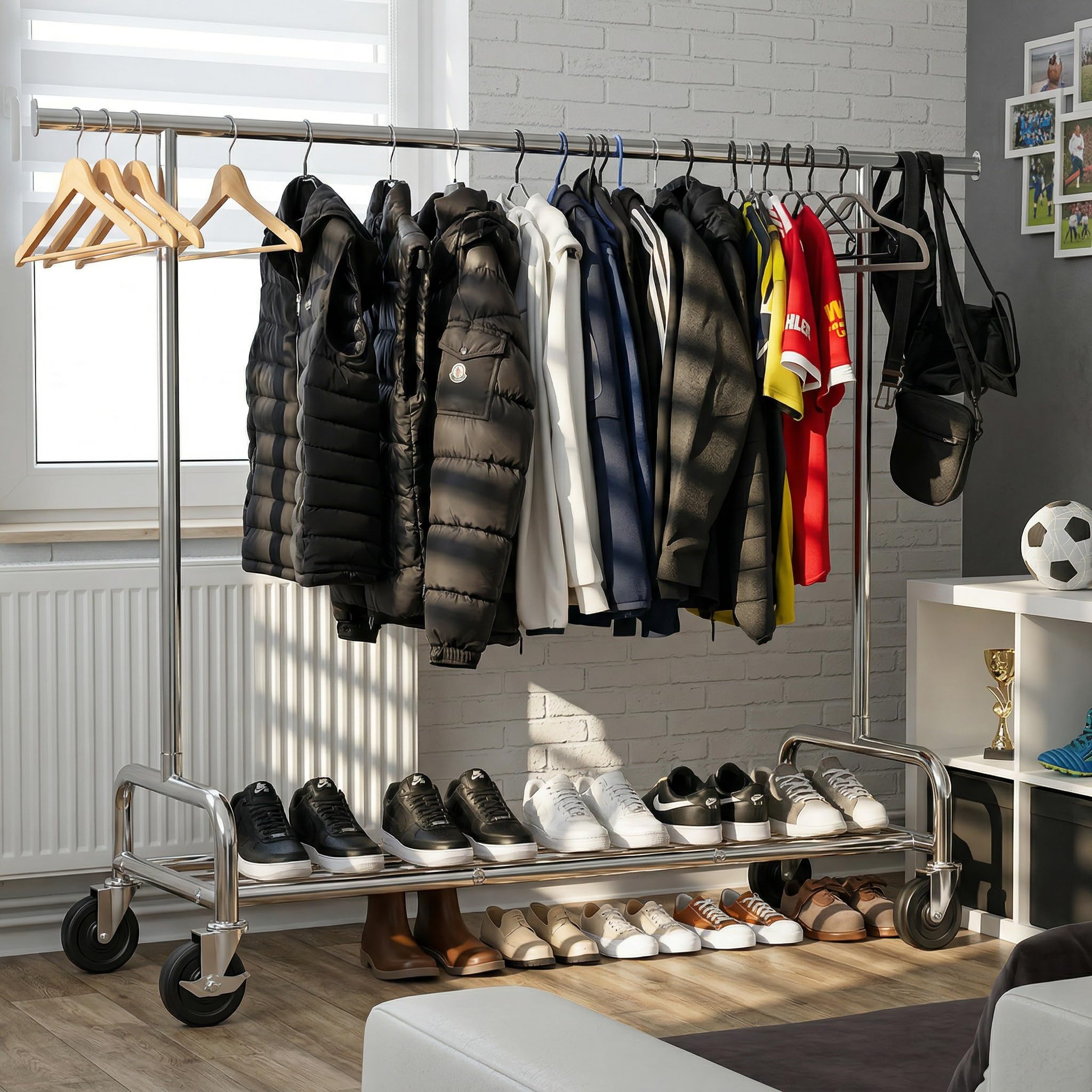 131–189cm Extensible Portant Vetement Solide à Roulettes, Argenté | 140KG Capacité de Charge, 146-170cm réglable en hauteur, Portant a Vetements Convient pour Manteaux,Vestes d'hiver,Chemises