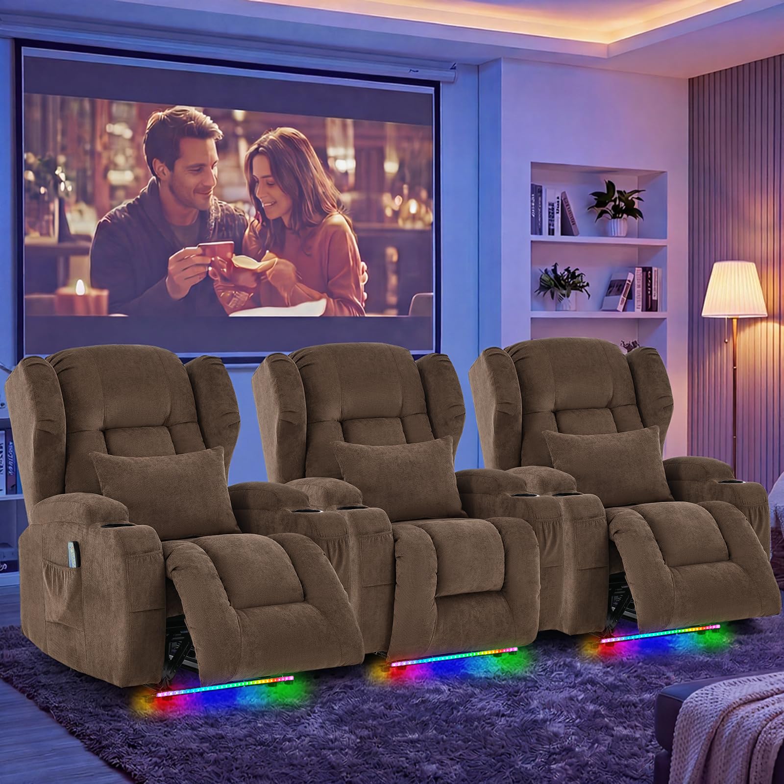 Oprisen Wall Hugger Power Recliner Chair Set of 3, Overstuffed Home Theater Seating w/Heat Massage Electric Movie Gaming Sofa Reclining Sleeper Chair with LED Light/Lumbar Pillow/Cup Holders