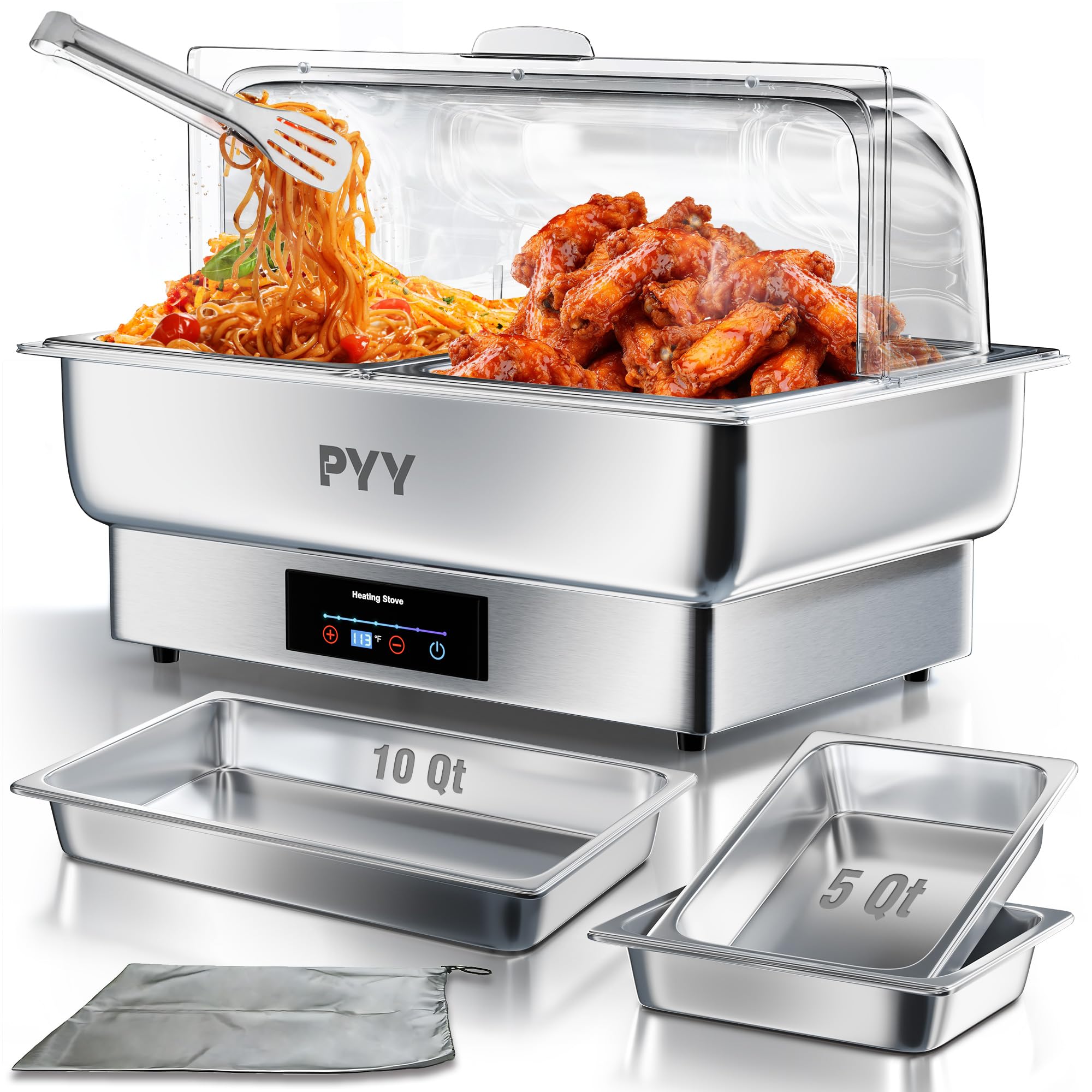 PYY Electric Chafing Dish for Buffet - Stainless Steel Electric Buffet Servers and Warmers, Max. 185F Temp Control, Electric Food Warmers for Parties Buffet Catering, 400W, Silver