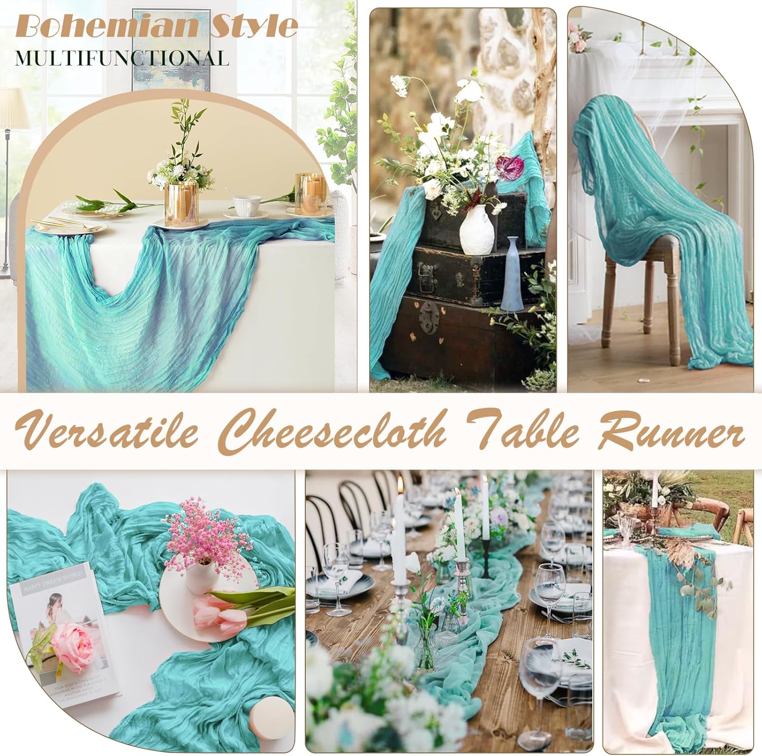 Teal Cheesecloth Table Runner 6 Pack 35" Boho Gauze 120 inches Long Tablecloth Runner Rustic Sheer Fabric Bulk for Baby Shower Wedding Bridal Birthday Party Picnic Table Decorations