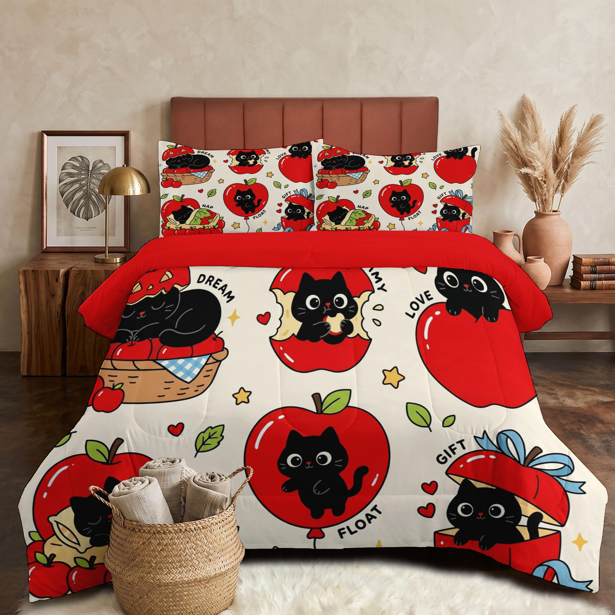 Copriletto Trapuntato Per Bambini Con Gattino Carino Con La Mela | Trapunta Singolo Invernale, Rosso, Piumone Caldo Morbido Divertente Tema Sugli Animali Per Decorazione Camera Da Letto