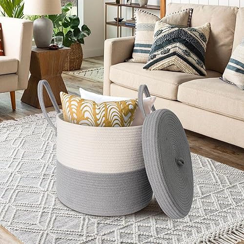 Miniatura 10 de Cesta de almacenamiento grande de 15 x 13 pulgadas con tapa, cesta de manta para sala de estar, cestas de cuerda de algodón tejida para