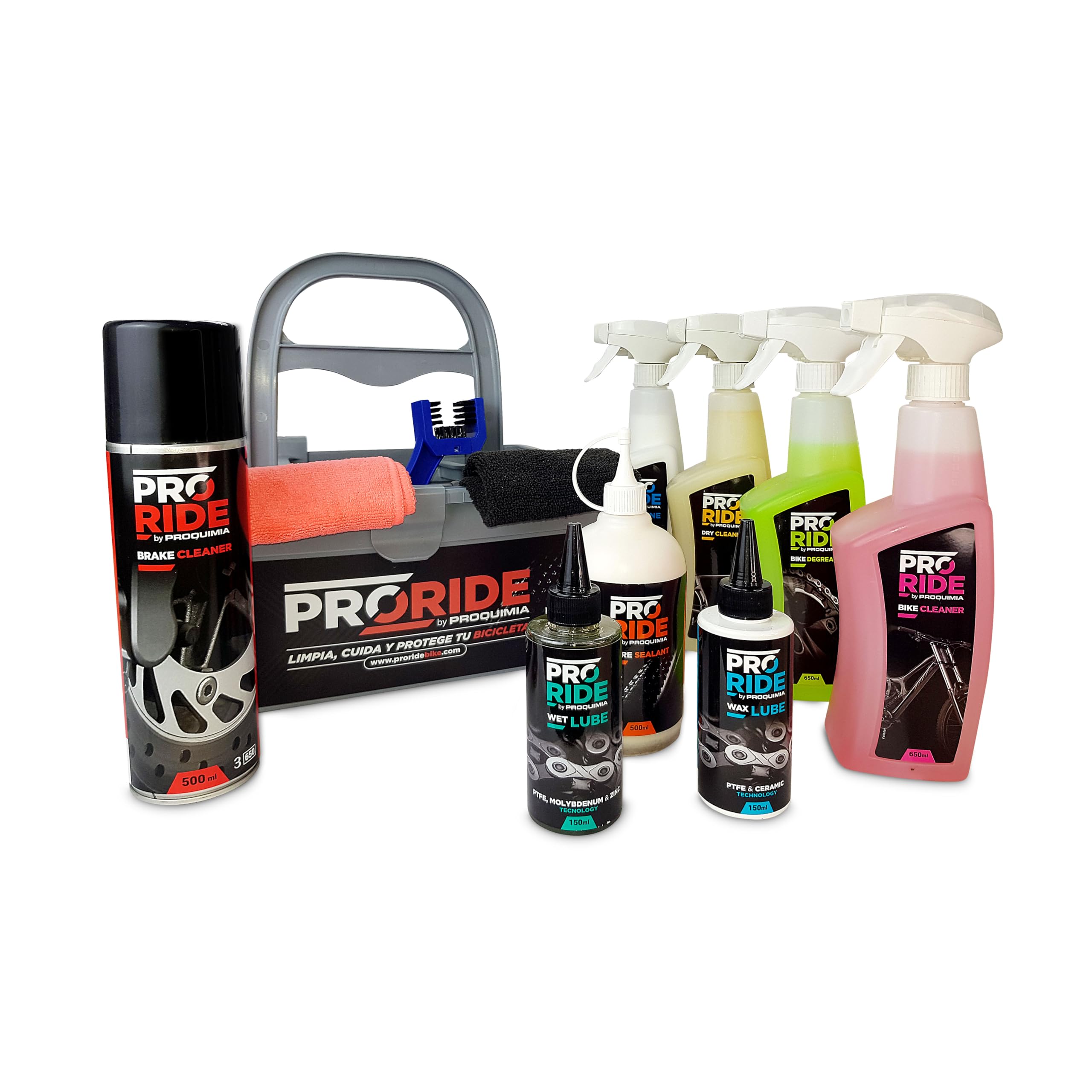 Kit de Limpieza de Bicicleta, Cuidado y Mantenimiento Profesional Completo - 11 Artículos – Limpiadores, Lubricantes, Líquido Antipinchazos, Bayeta, Cepillo y Cesta.