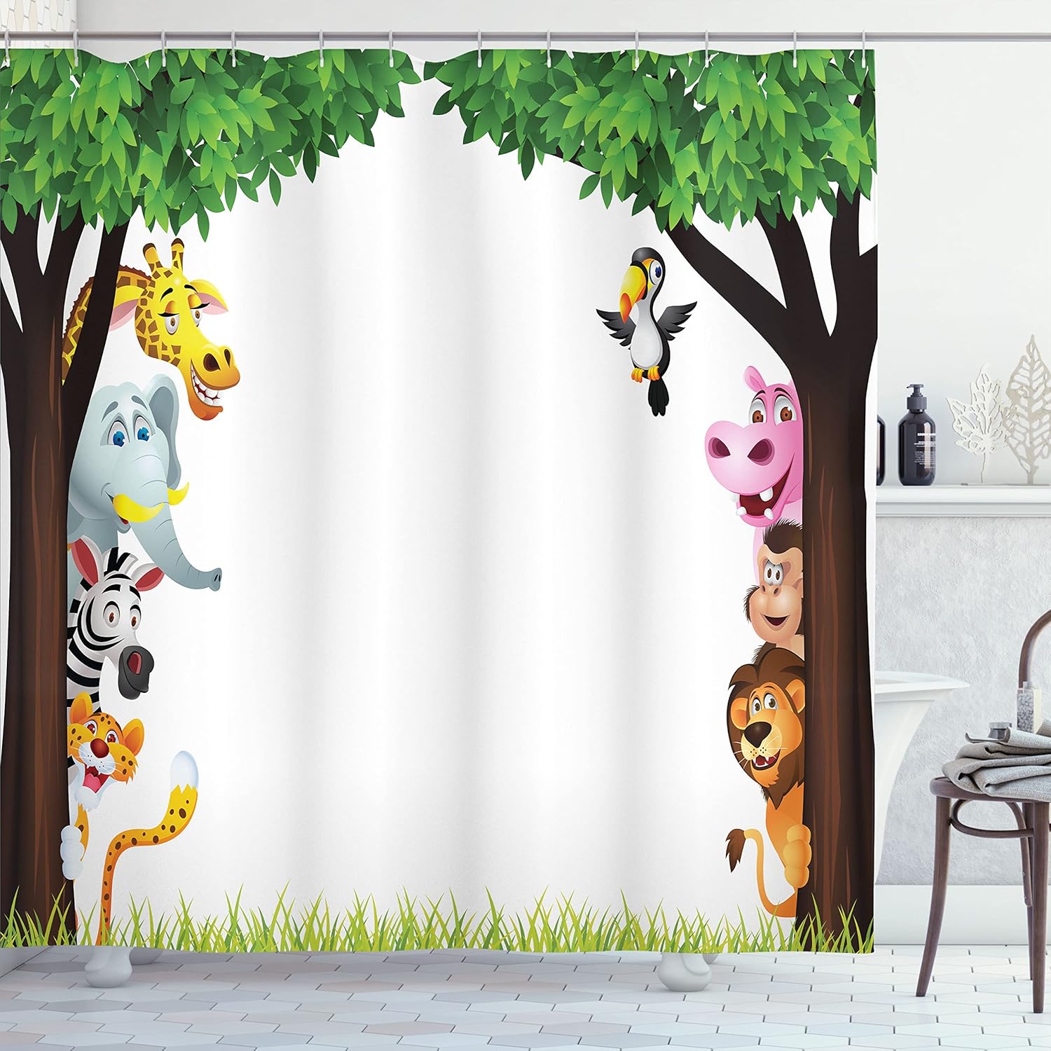 Ambesonne Cartoon Shower Curtain, Big Trees and Friendly Jungle Savannah Animals Wilderness Tropical Wildlife, Cloth Fabric Bathroom Decor Set with Hooks, 69" W x 70" L, Green Multicolor