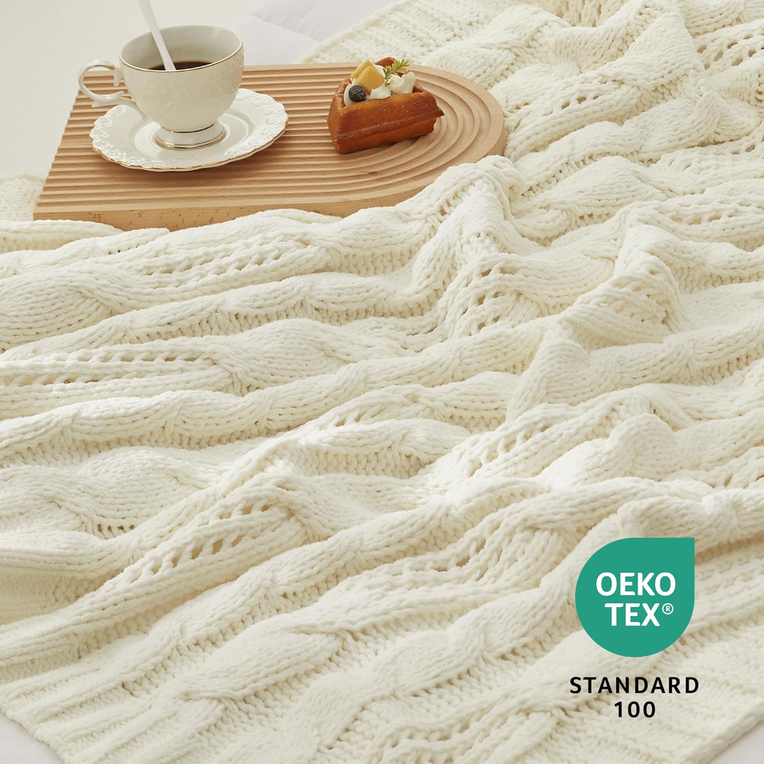 Amélie Home Chunky Knit Throw Blanket, Dual-Sided Soft Chenille Breathable Cable Knitted Blanket for Couch, Farmhouse Decorative Throw for Sofa & Chair, 50"x60", Ivory - Image 7