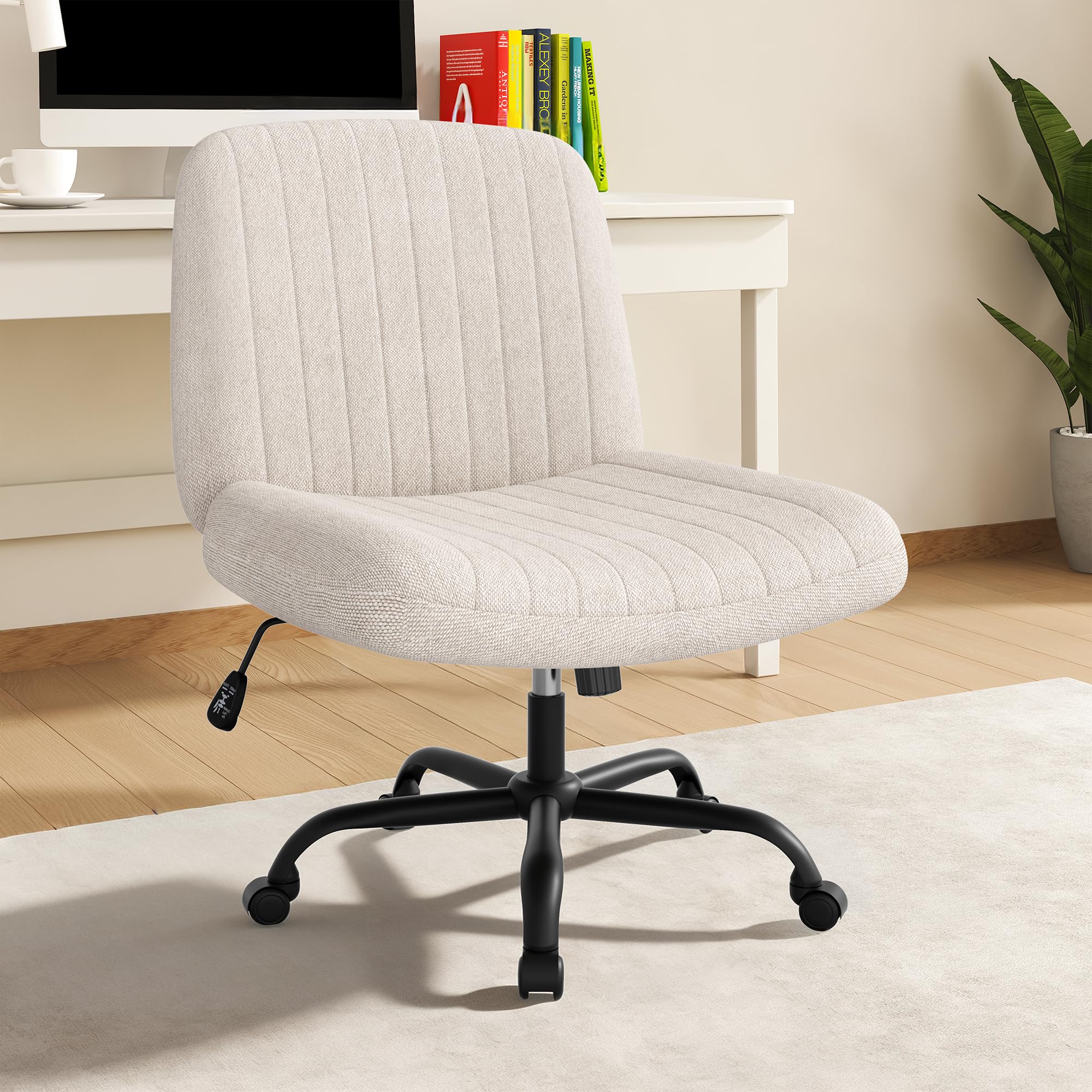 Shintenchi Criss Cross Chair,Cross Legged Office Seat with Wheels Armless Swivel Vanity Chair,Height Adjustable Wide Computer Task Seating for Home Office,White