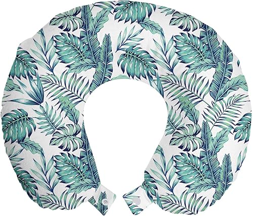 Lunarable Tropical Travel Pillow Neck Rest, Art Beach Related Ornamental Exotic Jungle Palm Aloha Leaf Plants Pattern, Memory Foam Traveling