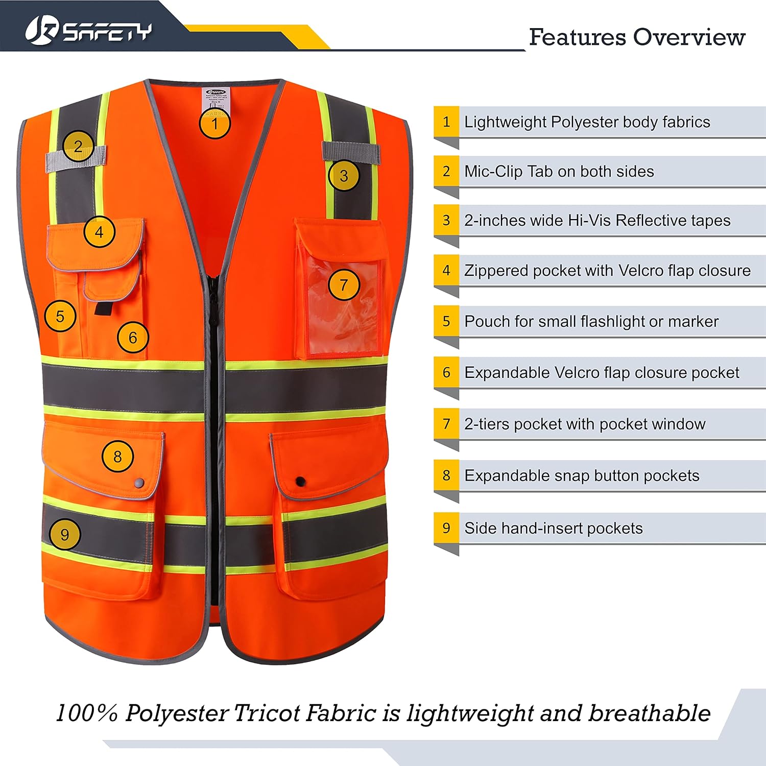 JKSafety 9 Pockets High Visibility Zipper Front Safety Vest | Orange with Dual Tone High Reflective Strips | Meets ANSI/ISEA Standards (901-Orange, Medium) thumbnail