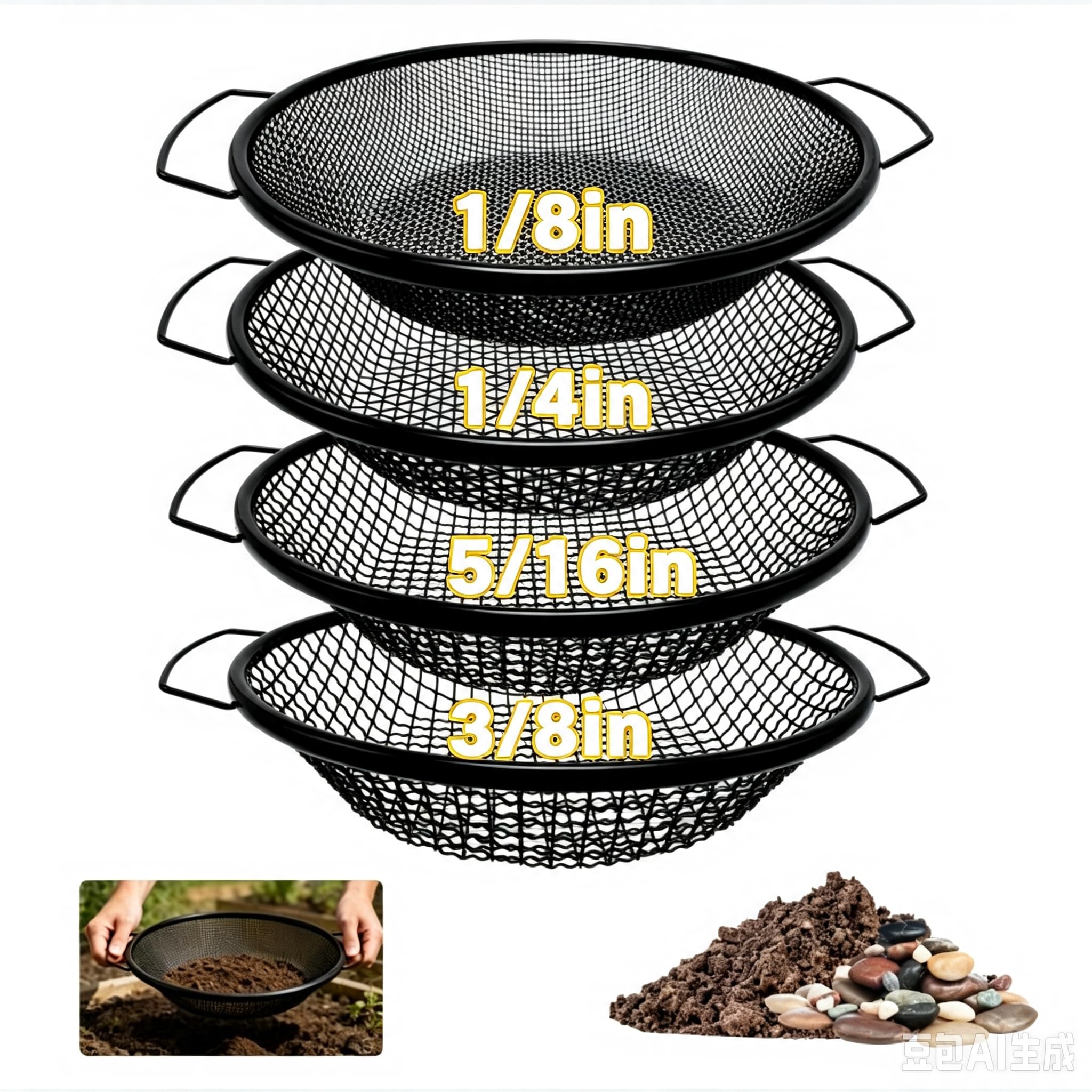 4Pcs Soil Sifter for Gardening, 3,6,8,10mm Grid Rock Sifter for 5 Gallon Bucket, Dirt Sif…