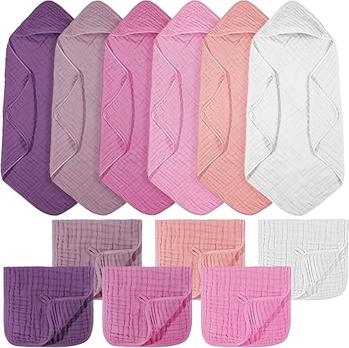 Vista 25 de VitalCozy 8 toallas de baño y paños de muselina con capucha para bebé, toallas absorbentes de muselina con capucha para regalo, baby shower recién