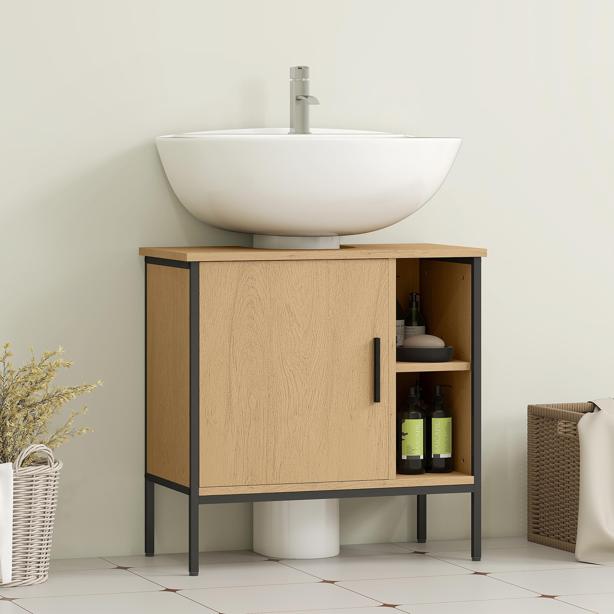 HOMCOM Mueble bajo Lavabo Mueble de Baño con Puerta y Estante Ajustable para Lavabo con Pedestal 60x30x59,5 cm Roble