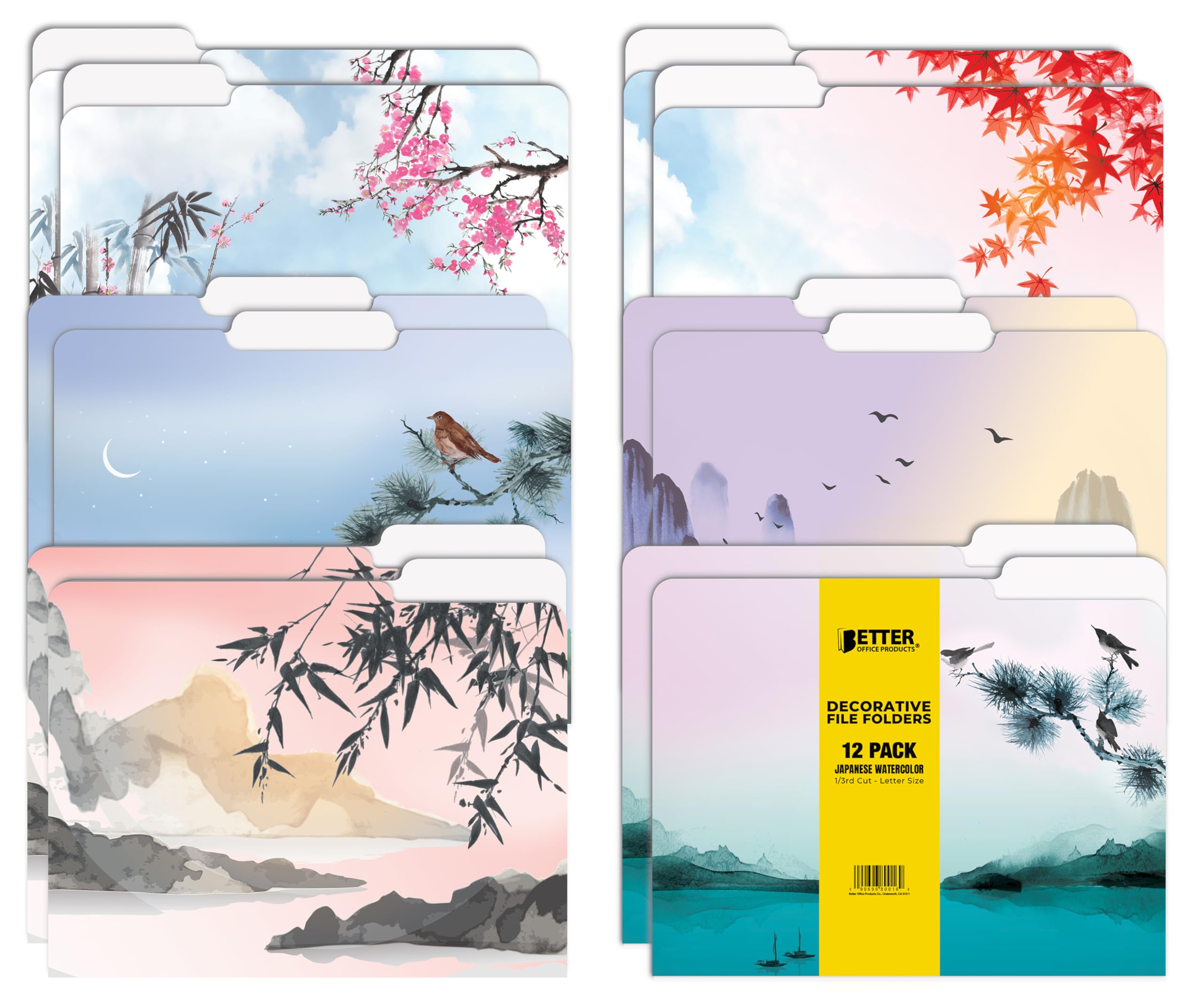 Better Office Products Decorative File Folders, 12 Pack, 6 Unique Designs, Heavyweight, Letter Size (9.5 x 11.5) with 1/3 Cut Tab, Japanese Watercolor Designs, Fashion Folders