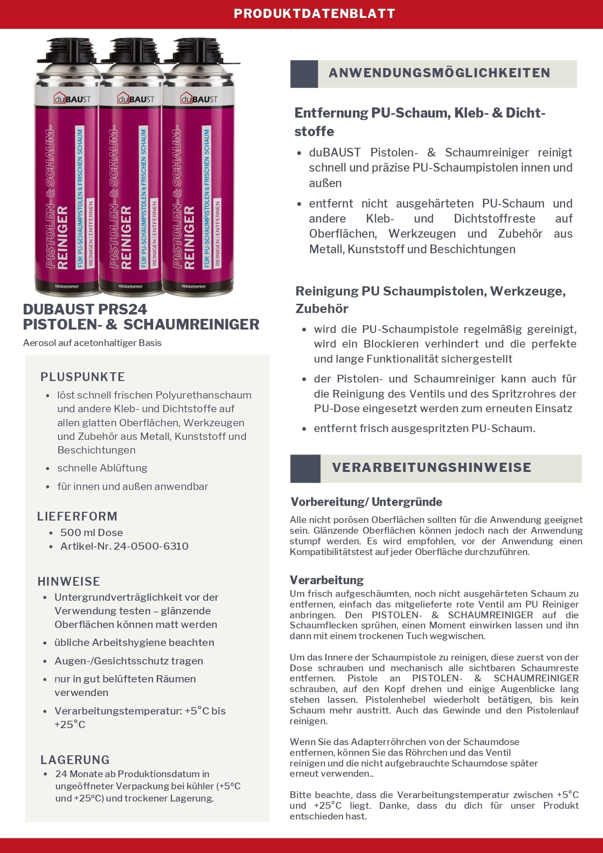 PRS24 Detergente per pistola in poliuretano, 500 ml, per pistola a schiuma, strumento, rimuove schiuma PU fresca, testina spray inclusa