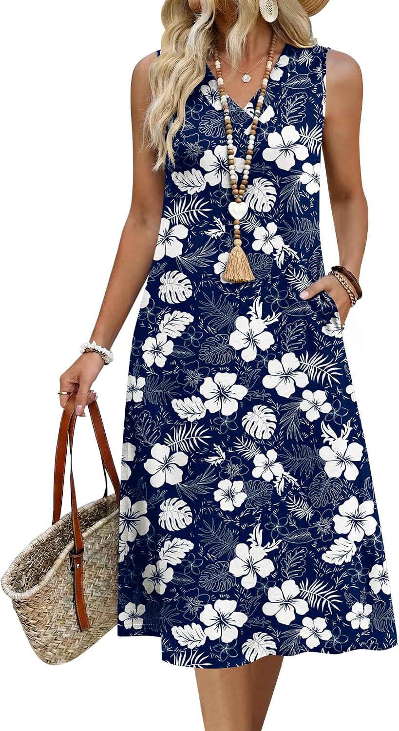 Zeagoo Sundresses Dresses for Women 2026 Summer Sleeveless V Neck Casual Midi Tank Beach Vacation Dresses with Pockets