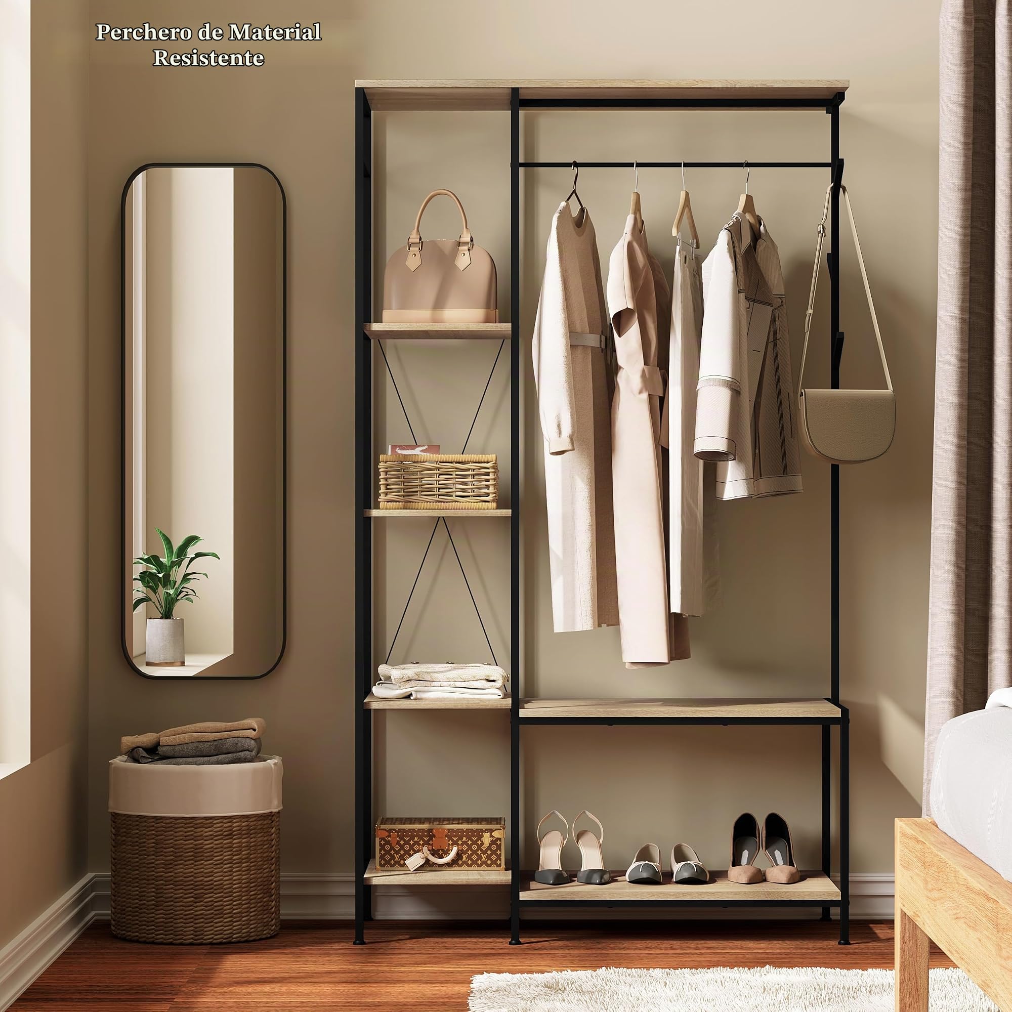 eSituro Perchero con banco 3 en 1, 4 estantes, 4 ganchos, para pasillo, oficina, dormitorio, 100 x 40 x 175 cm, roble claro y negro SGR0150