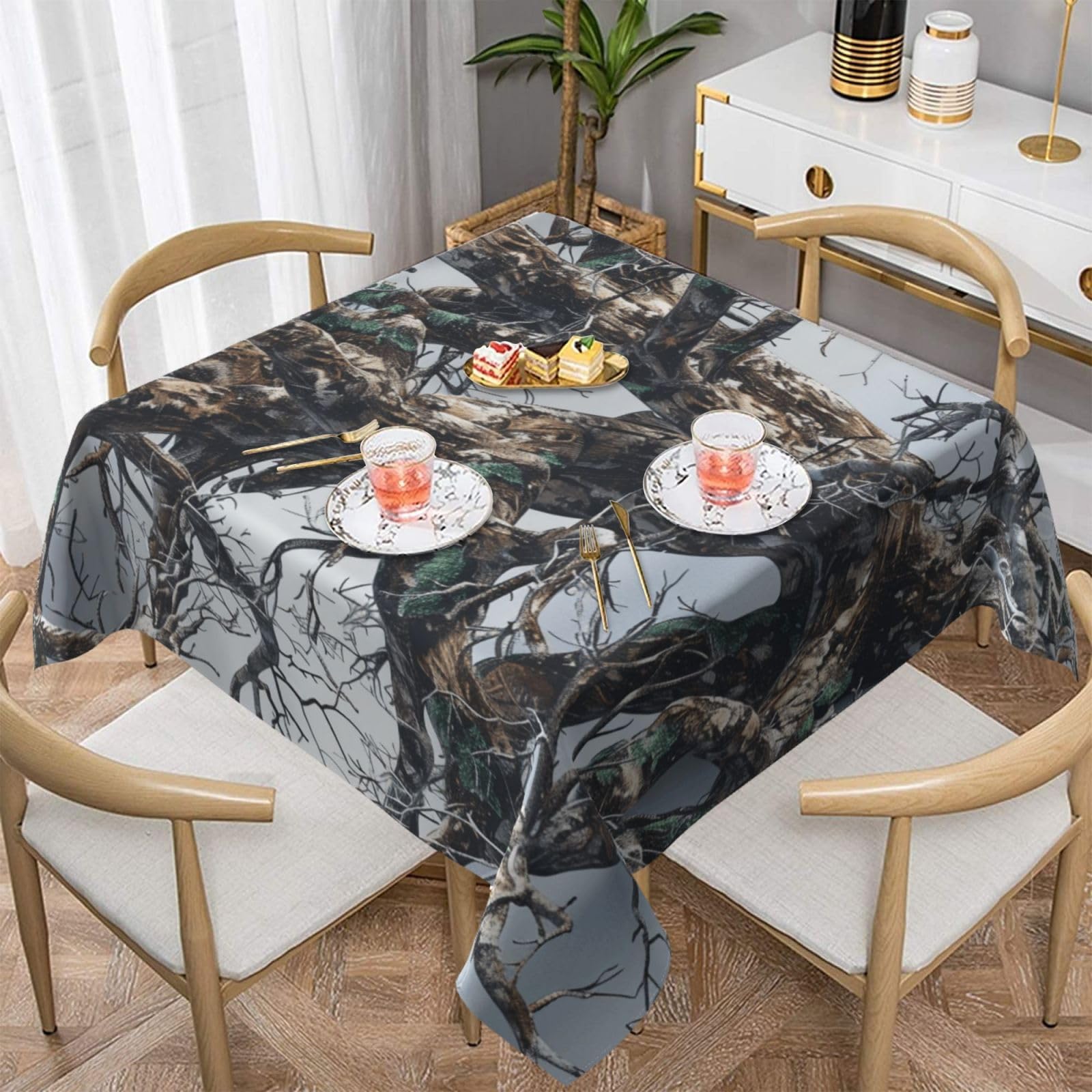 WPKJU Cold Tree Camouflage Printed Square Tablecloth 60x60 inch Water Resistant Table Cover Washable Rectangle Table Cloth for Dining Tables