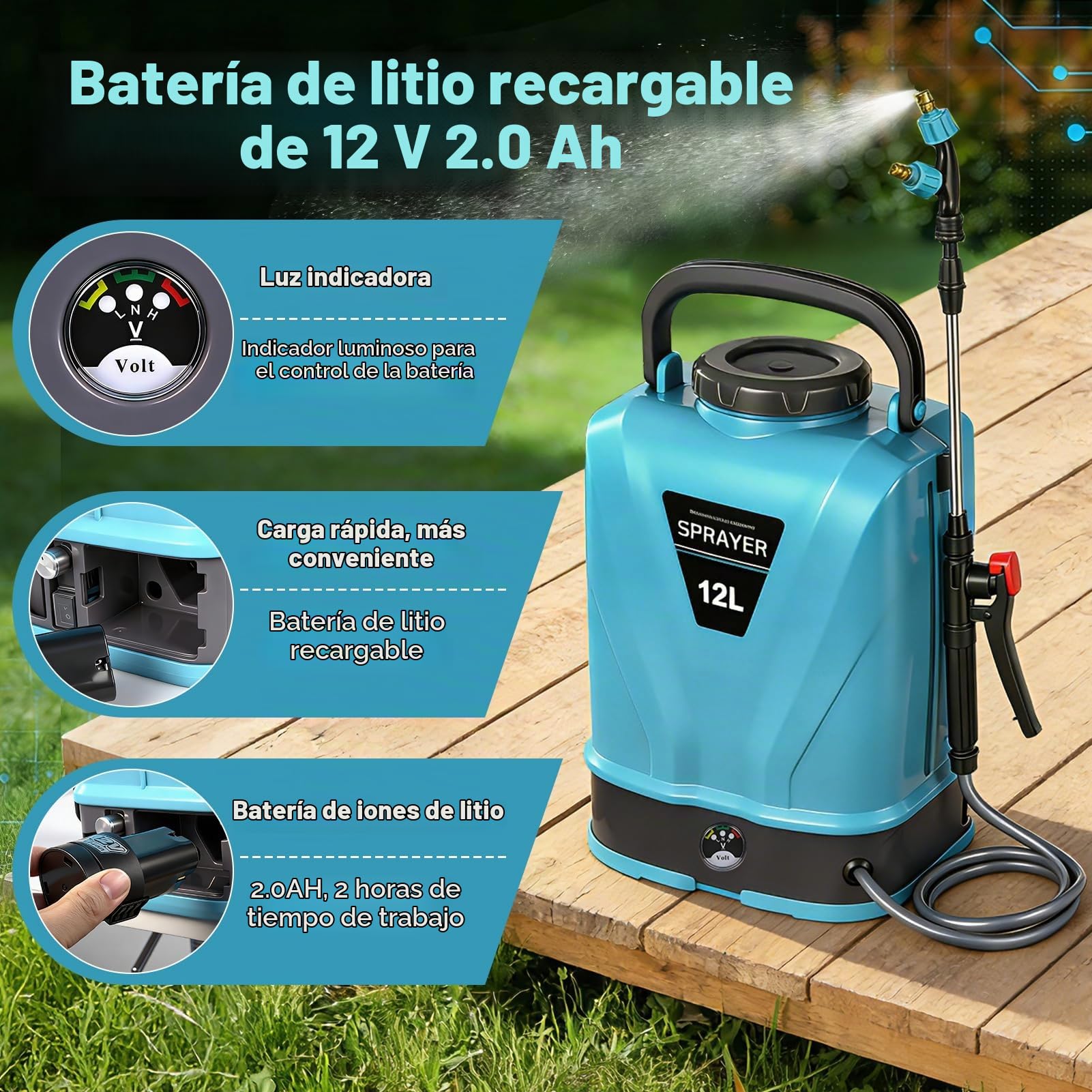 Viugreum 12L Pulverizador de Mochila a Batería, 12V Pulverizador Eléctrico de Jardín con 5 Boquillas de Nebulización, Lanza Telescópica y Correa Ajustable para Riego, Irrigación y Mantenimiento