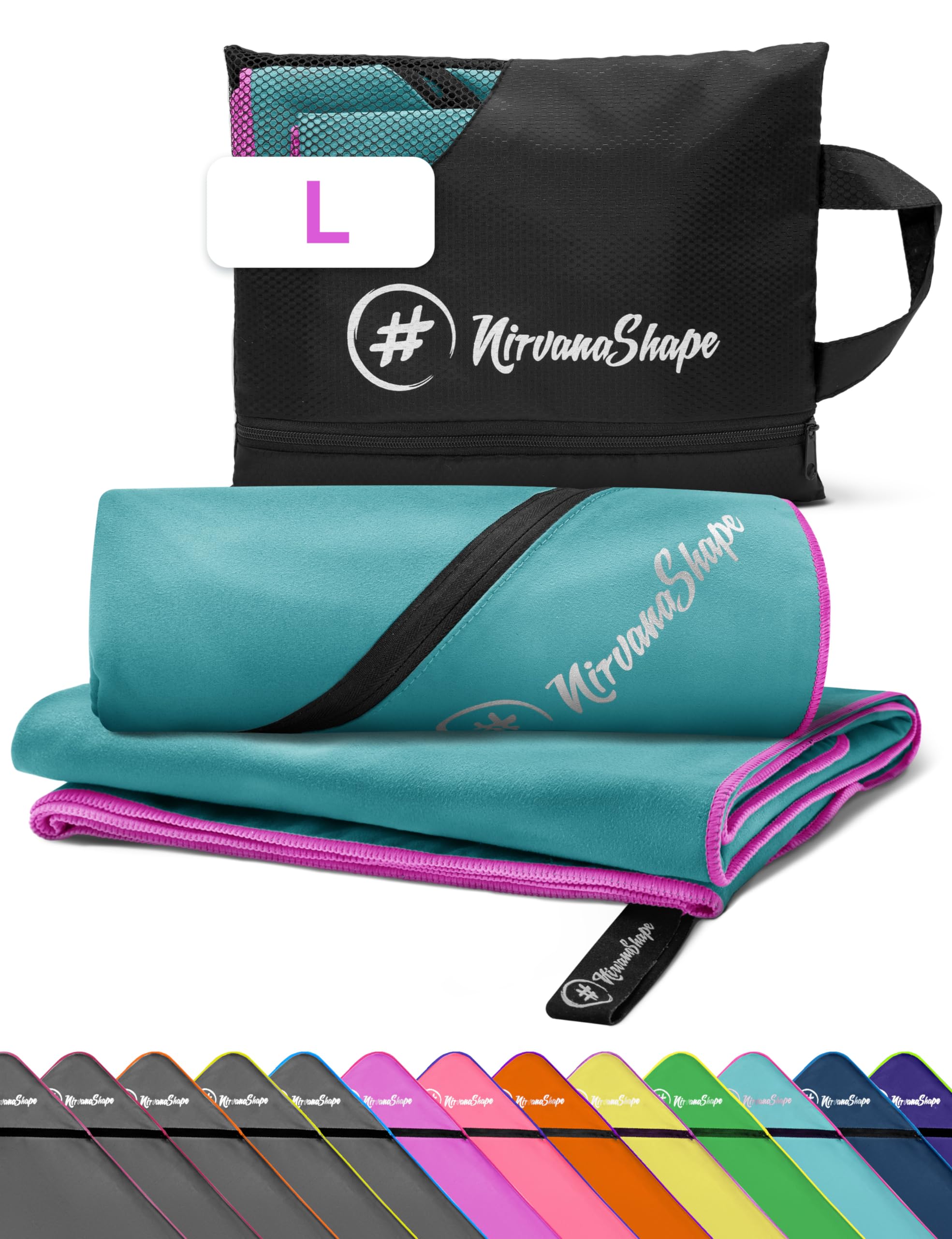 NirvanaShape Microfiber - Travel Towel for Beach Sports, L 140 x 70 cm, Turquoise / Pink Seam, L: 140 x 70 cm