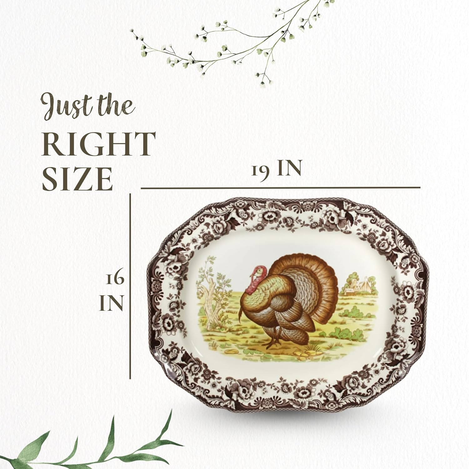 Spode Woodland 19" Octagonal Serving Platter, Turkey Motif - Fine Porcelain Thanksgiving Dinnerware with British Flower Boarder for Holiday Feasts and Family Gatherings, Microwave & Dishwasher Safe