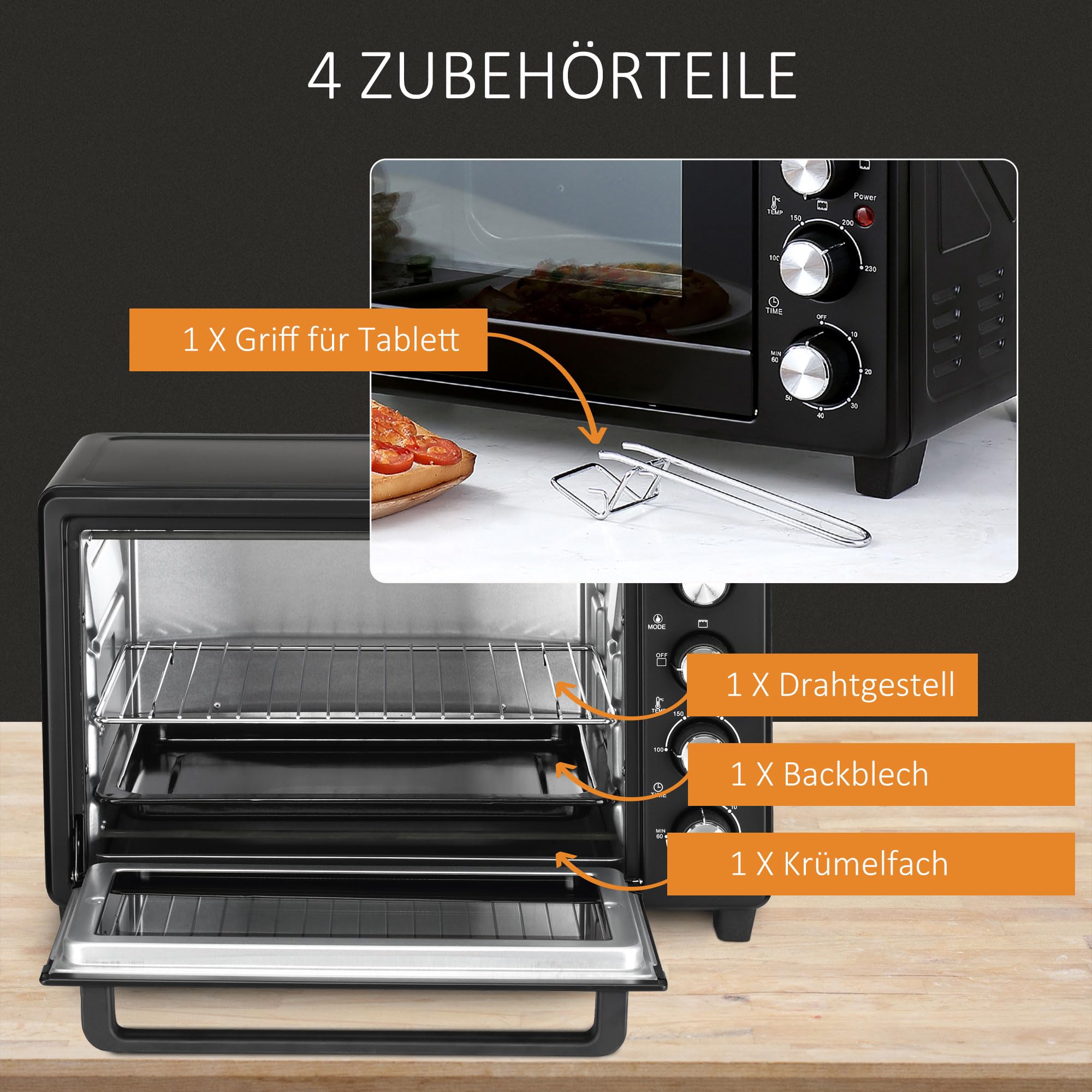 HOMCOM Mini Backofen 32L 100 °C-230 °C 1600 W Mini Ofen mit Backblech Krümelblech Grillrost und 3 Kochmodi Pizzaofen mit Timer Backblech-Griff Edelstahl Schwarz