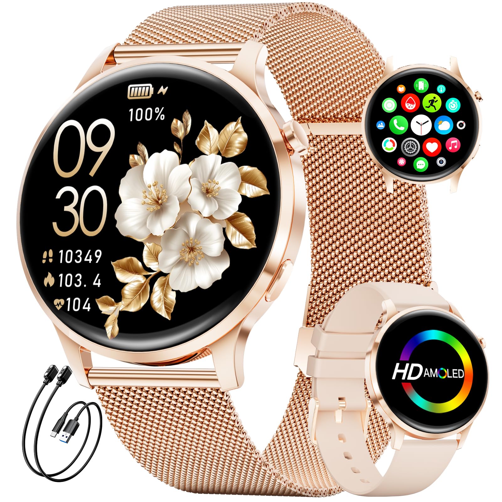 Montre Connectée Femme avec Appel Bluetooth, 1.32" AMOLED Smartwatch, 120+Sportif Sommeil, Podomètre, Fréquence Cardiaque/Sommeil/IP68 Étanche Montre Running Compatible pour Android iOS (Doré)