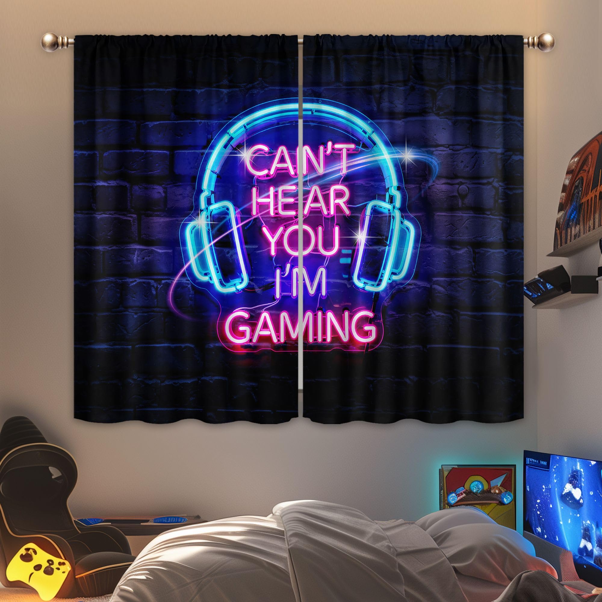 Mitpok Neon Kids Gaming Curtains for Bedroom 42Wx45H Inch Rod Pocket for Boys Game Time Video Gamer Playroom Cool Funny Modern Headset Teens Children 2 Panel Window Treatment Set for Living Room Decor