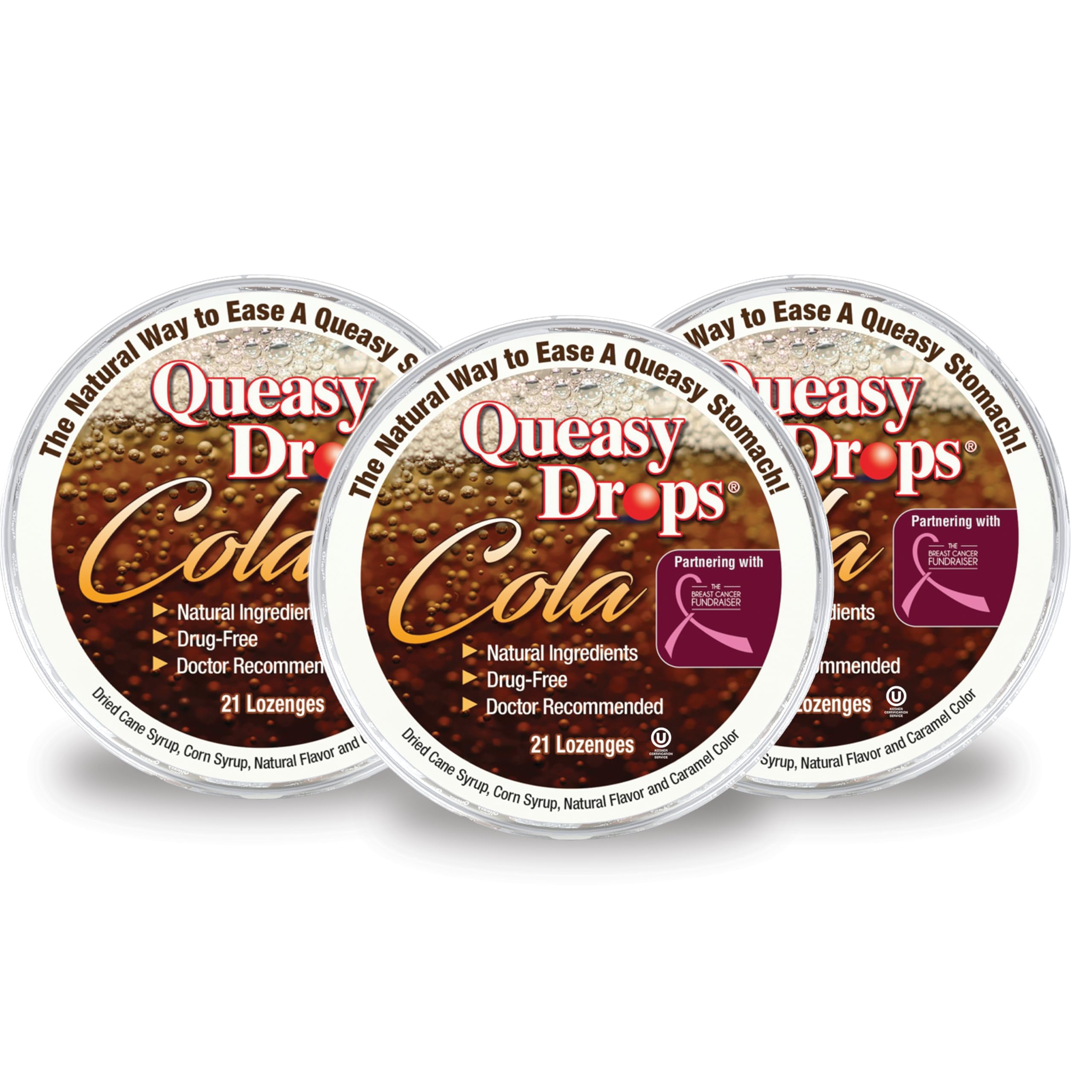 Three Lollies Queasy Drops - Cola Flavor - Relief from Nausea &amp; Travel Sickness, Soothes a Dry Mouth &amp; Settles Stomach - Natural Ingredients - 21 ct (3-Pack)
