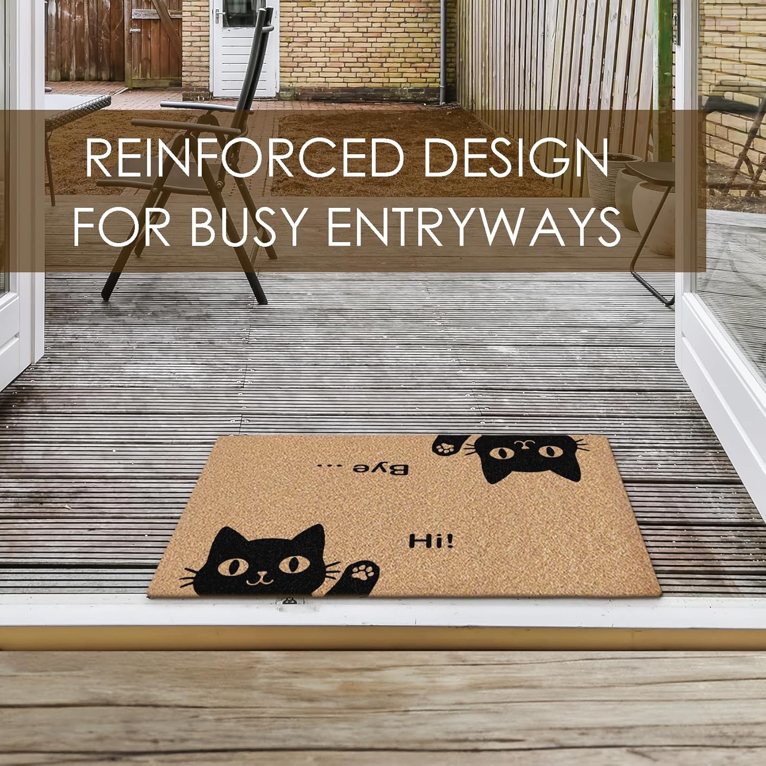 Cat Welcome Mat, Hi-Bye Cat Coco Coir Doormat Door Welcome Mat for Home Entrance Front Door, Cute Black Cats Floor Mats for Outdoor Outside Entryway 30x17 Inch