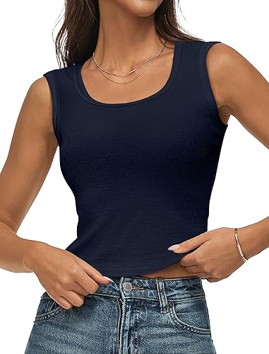 Ribbed Tank Tops for Women Scoop Neck Wide Strap Sleeveless