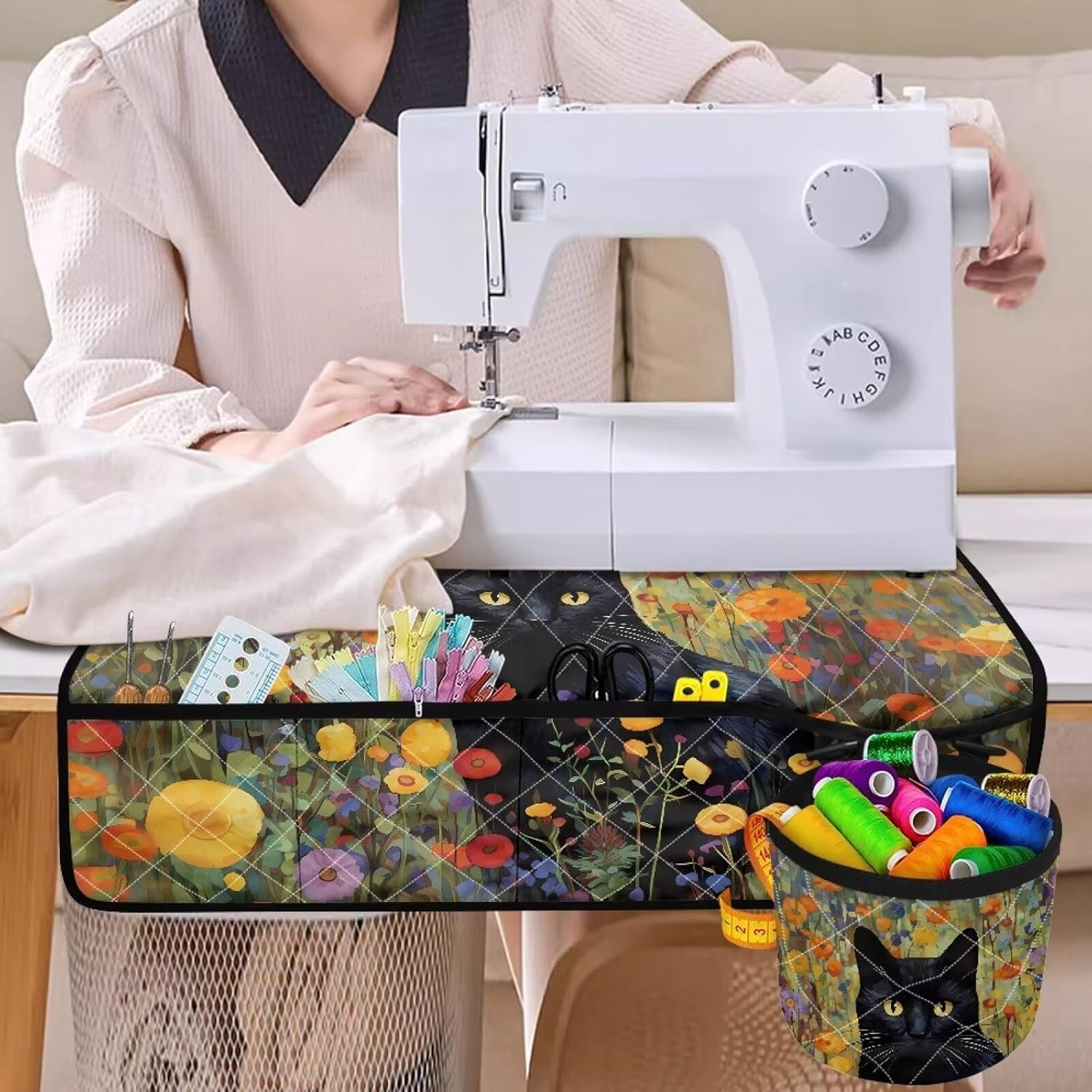 Black Cat Floral Sewing Machine Carrying Pad for Table Foldable Anti-Stains Decorative Pad Organizer for Brother, Singer, Bernina and Most Machines Easy to Use