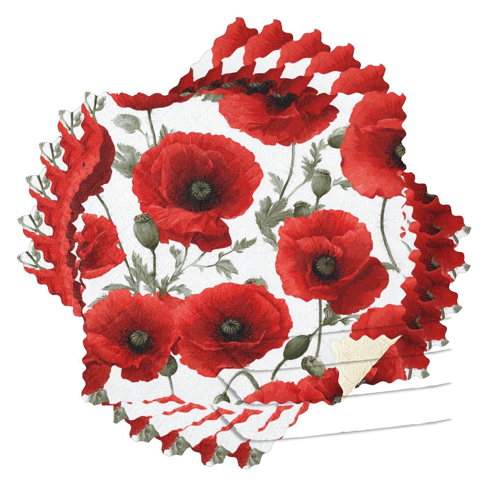 Kcldeci Poppy 6 Pieces Kitchen Dish Cloths Poppies Flower Floral Washable Cleaning Cloth Absorbent Dish Towels for Washing Dishes Wipe Glass Home