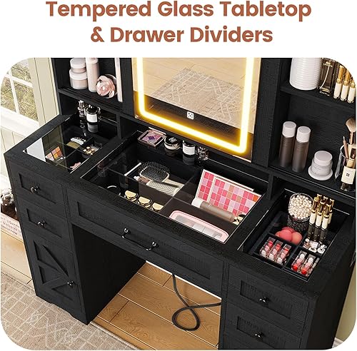 Miniatura 10 de BTHFST Escritorio de tocador de granja con espejo deslizante y luces, tocador de maquillaje grande con parte superior de vidrio y estación de carga,
