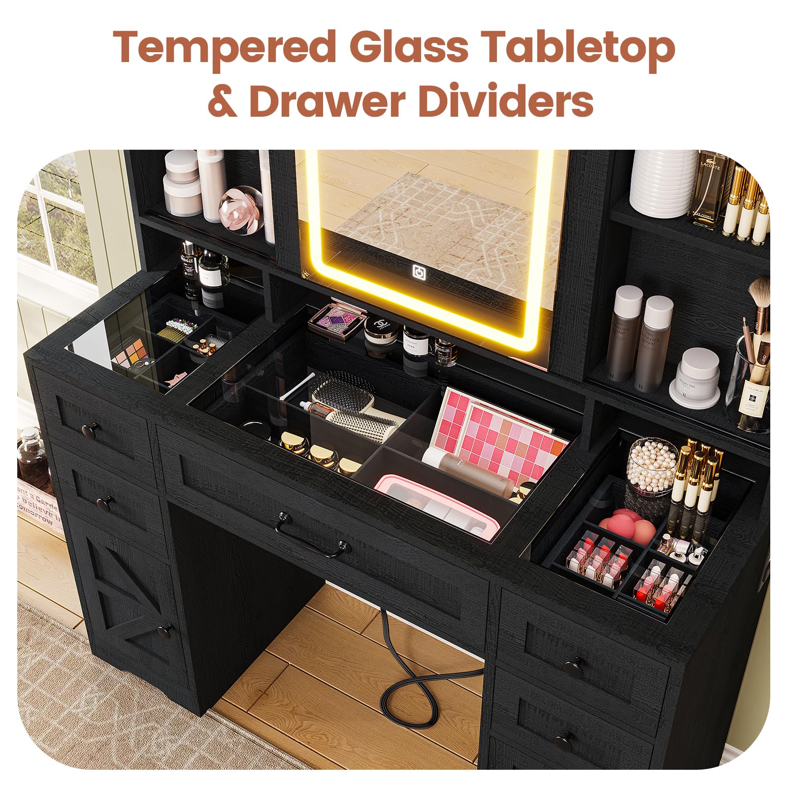 BTHFST Farmhouse Makeup Vanity with Lights & Sliding Mirror, Glass Top Vanity Desk with Charging Station, Large Makeup Table with 5 Drawers & Shelves & Cabinets, Wood-Grain Black