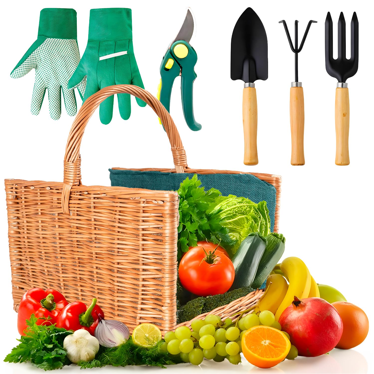 Avilia Set da Giardinaggio Ergonomico con Cesto in Vimini - Kit Completo di Attrezzi per Donna e Uomo, Accessori e Utensili Giardinaggio 35x22x29cm, Idea Regalo Perfetta