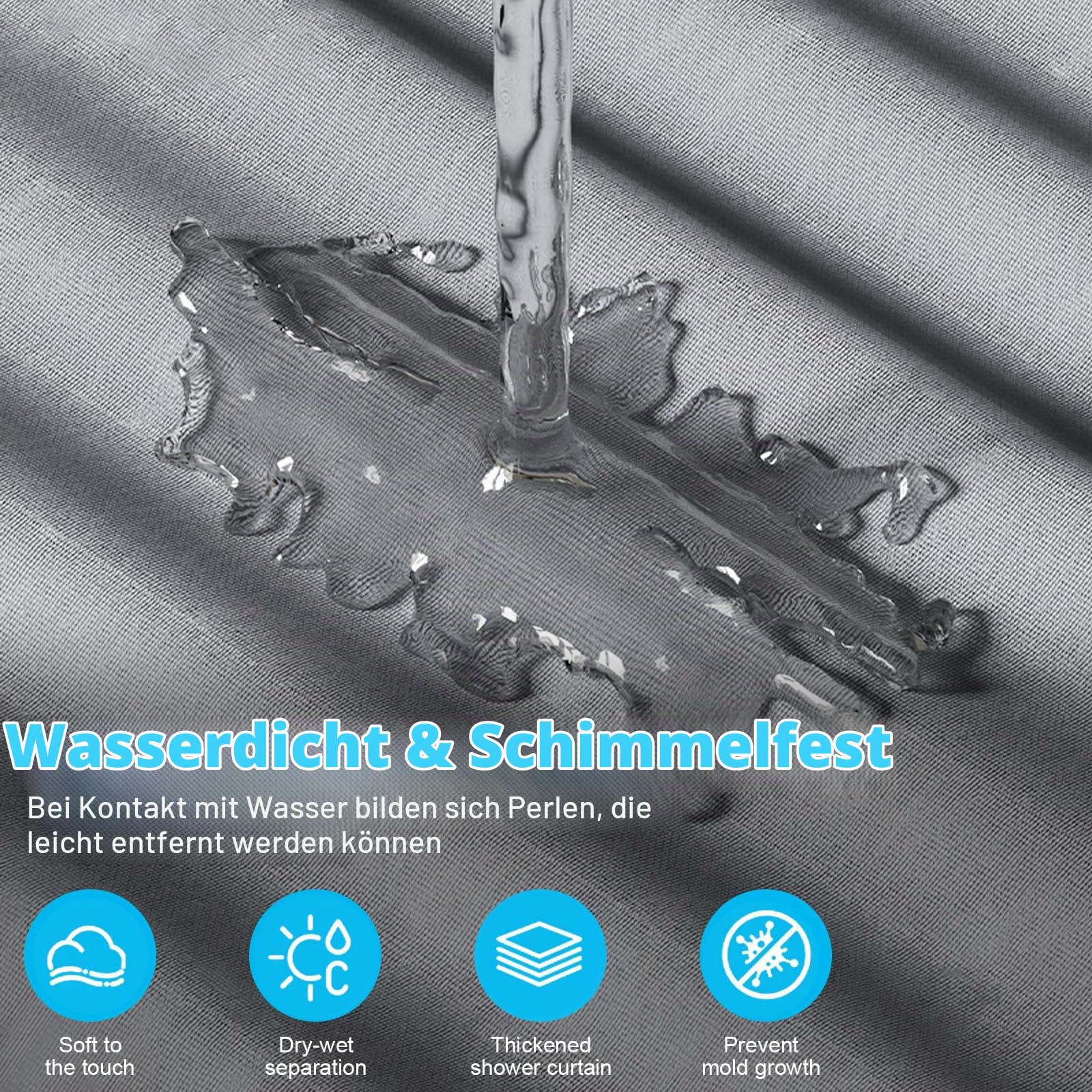 Faltbare Duschvorhangstange Ohne Bohren mit Wasserdichtem Duschvorhang, Drehbare Duschstange L-Form U-Form oder Gerade, Duschvorhang mit Stange für Badezimmer Badewanne (Grau, 5-fach faltbar)