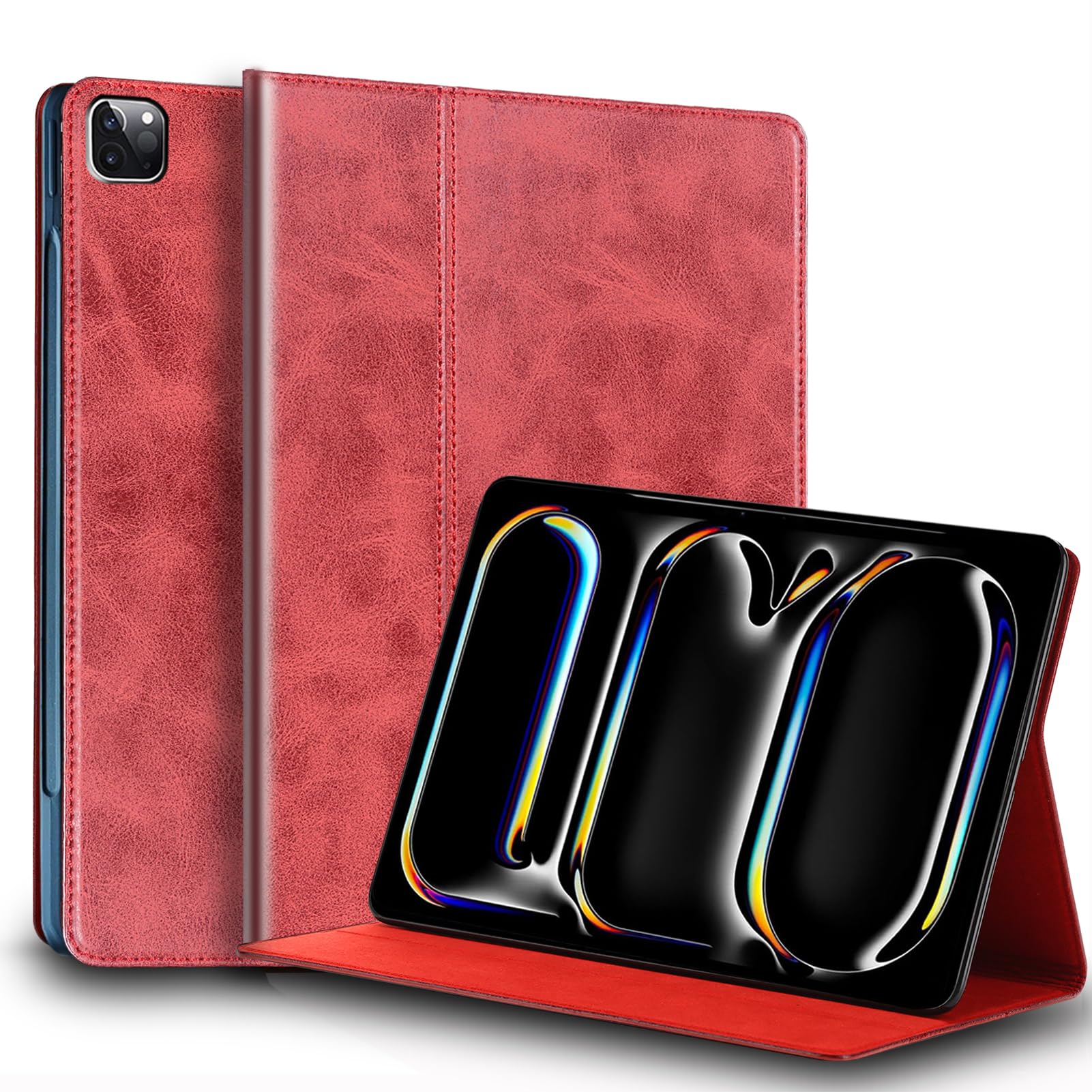 NANRUIL for Ipad Pro 13-inch Case M4/M5 2024/2025(Model:A3360/A3361/A2925/A2926) Genuine Leather Cover Protective Shell,Auto Wake/Sleep.Red