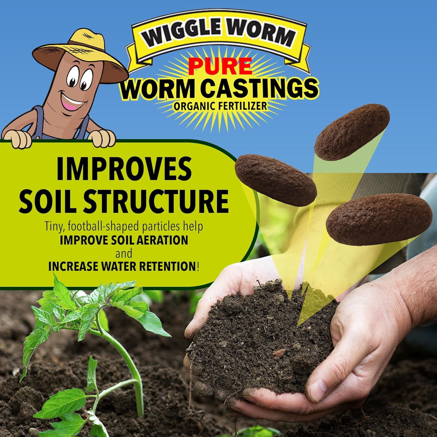 Wiggle Worm 100% Pure Organic Mineral-Dense Worm Castings Fertilizer, 15lbs - Improves Soil Fertility and Aeration for Growing Better Houseplants, Vegetables, and More