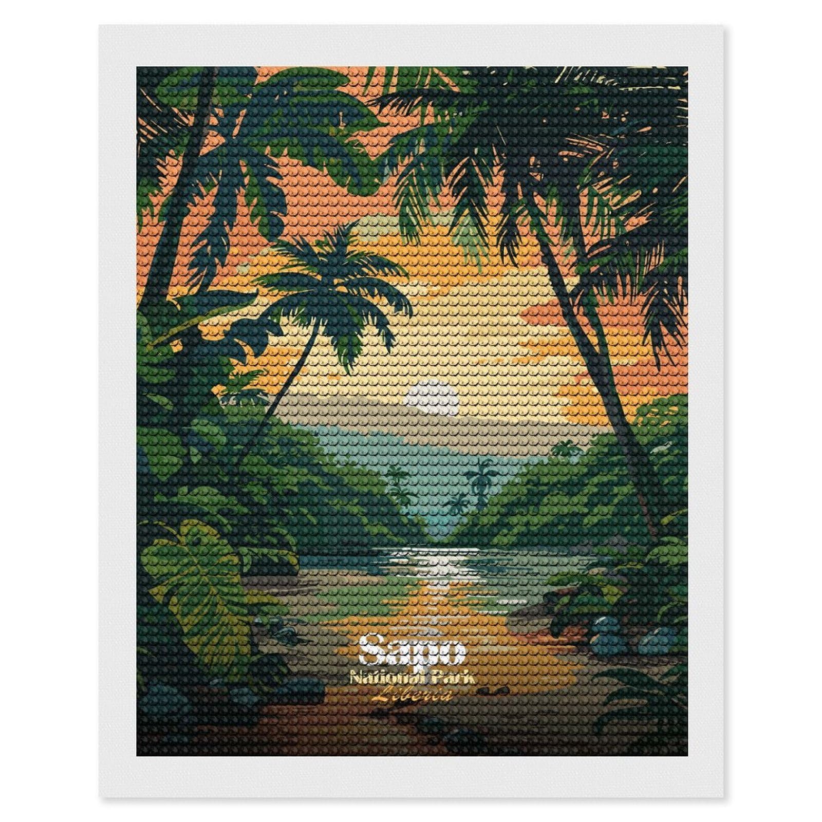 Junmoney Sapo National Park, Liberia Illustration Crystal Diamond Art Kit 16"x20", Round Gems, Detailed Printed Canvas, Creative Gift Idea, Vintage Style Decor