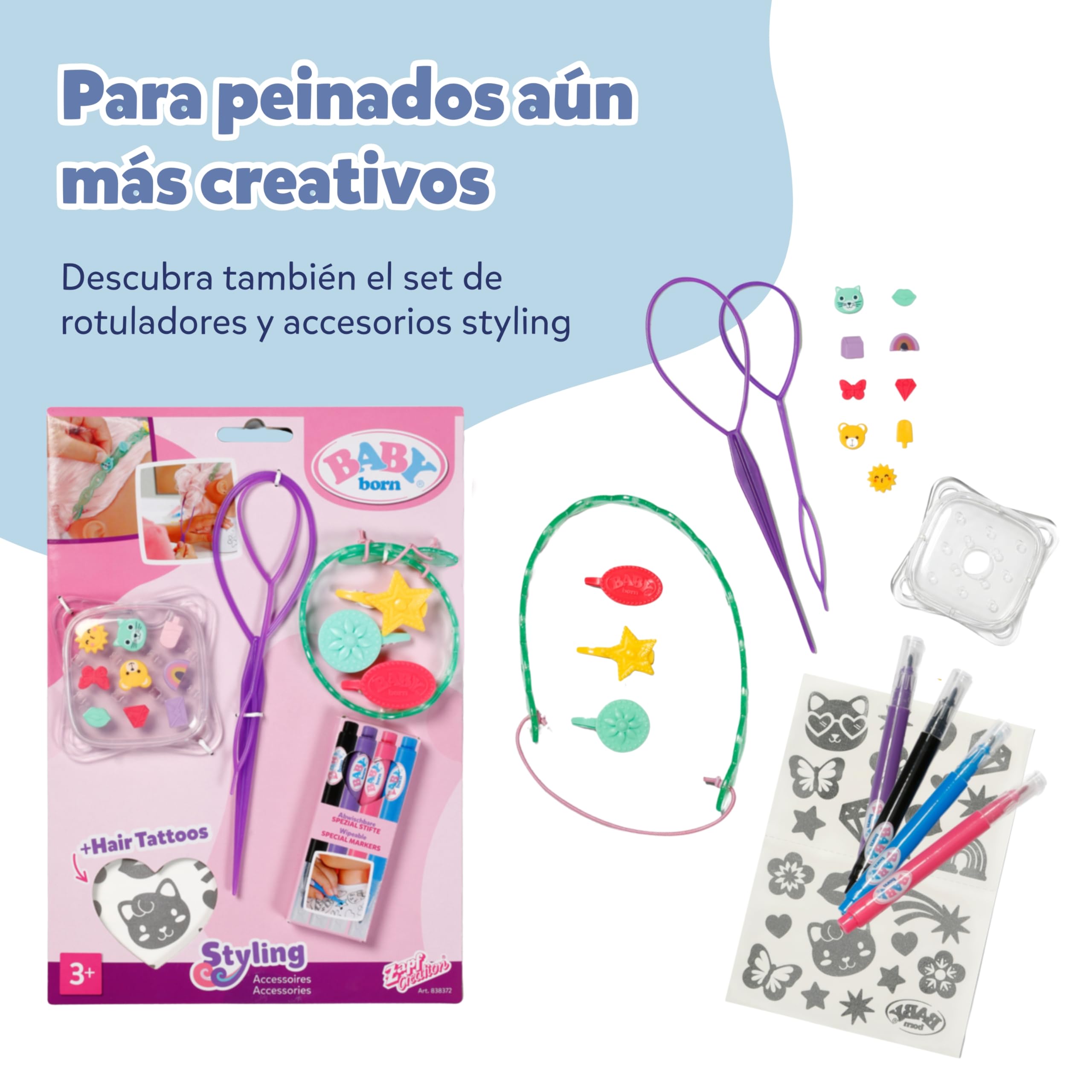 Baby Born Styling Cabeza Creativa – con Pelo Rosa, rotuladores y más de 20 Accesorios. para niños a Partir de 3 años